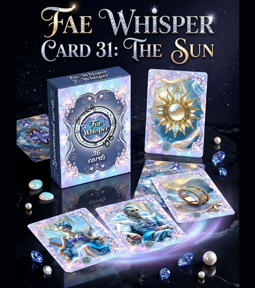 Sun card number 31 standing next to Fae Whisper Lenormand box with Woman Man Ring cards — handmade indie fortune telling deck on dark background