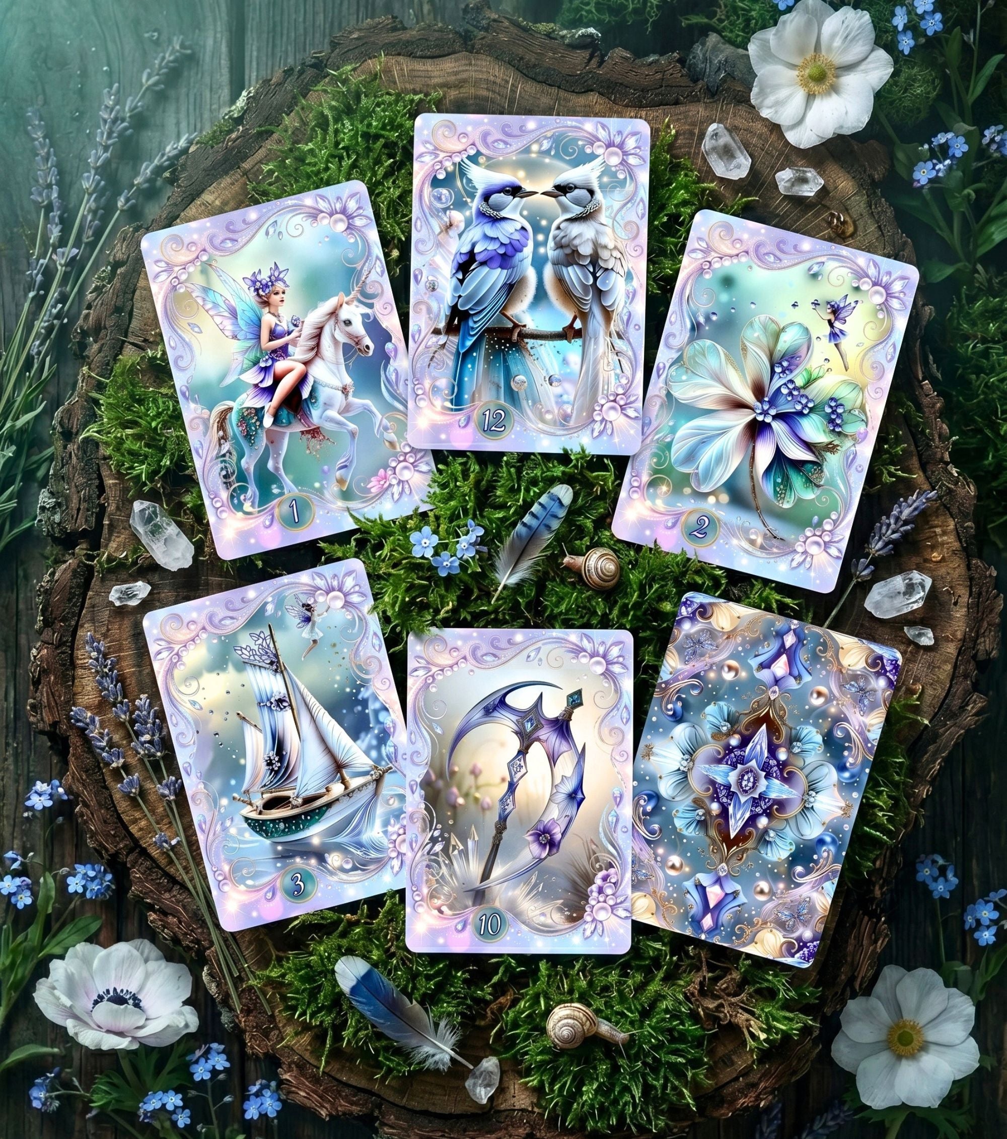 Handmade fairy Lenormand cards arranged on mossy wood with wildflowers and crystals — indie cartomancy deck with fae illustration