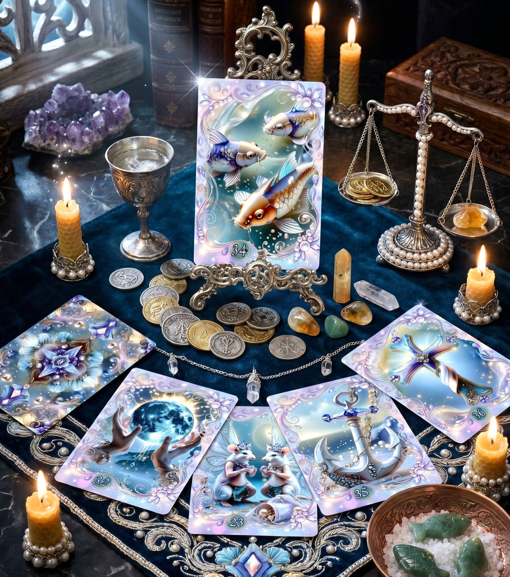 Fae Whisper Lenormand reading spread on velvet altar with candles, coins, amethyst and scales — handmade cartomancy deck for shadow work