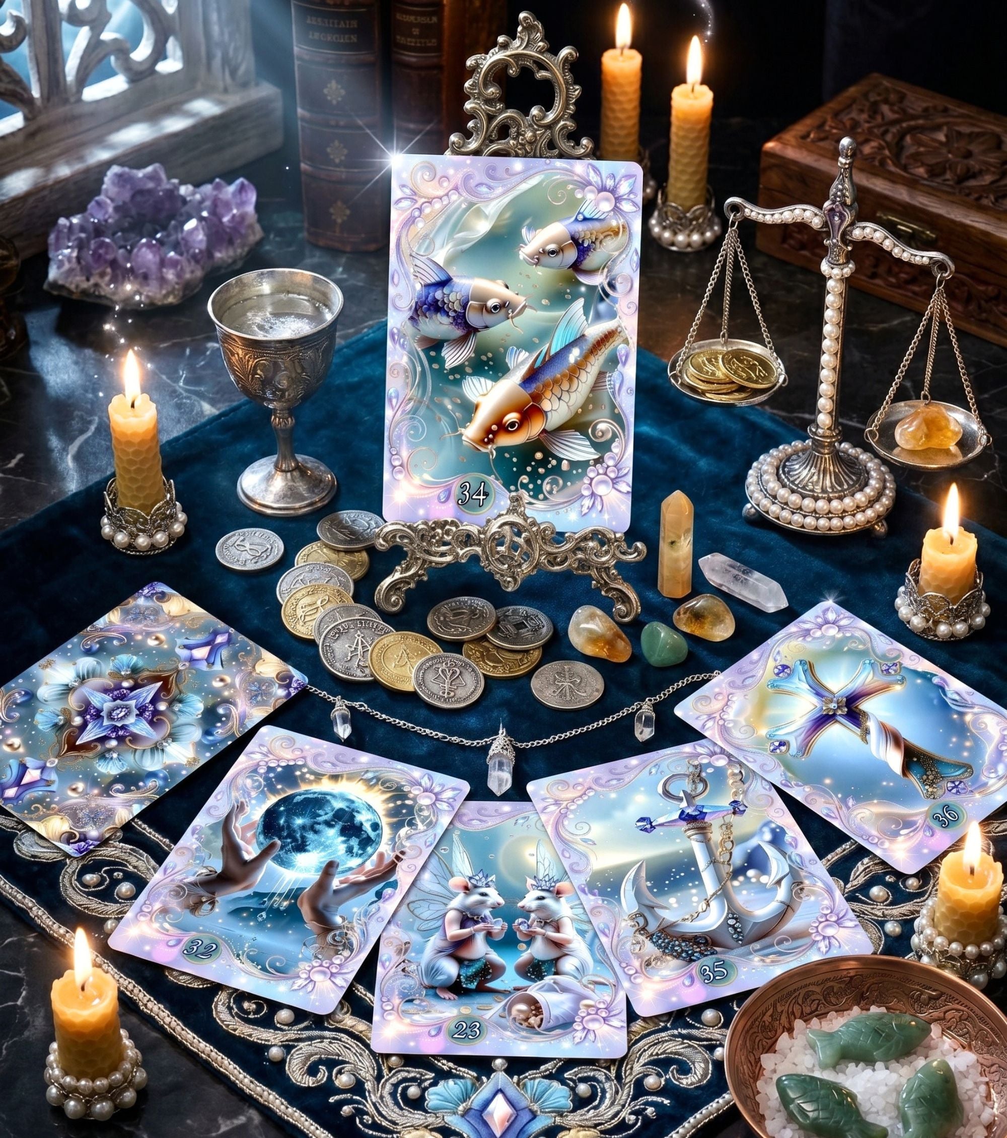 Fae Whisper Lenormand reading spread on velvet altar with candles, coins, amethyst and scales — handmade cartomancy deck for shadow work