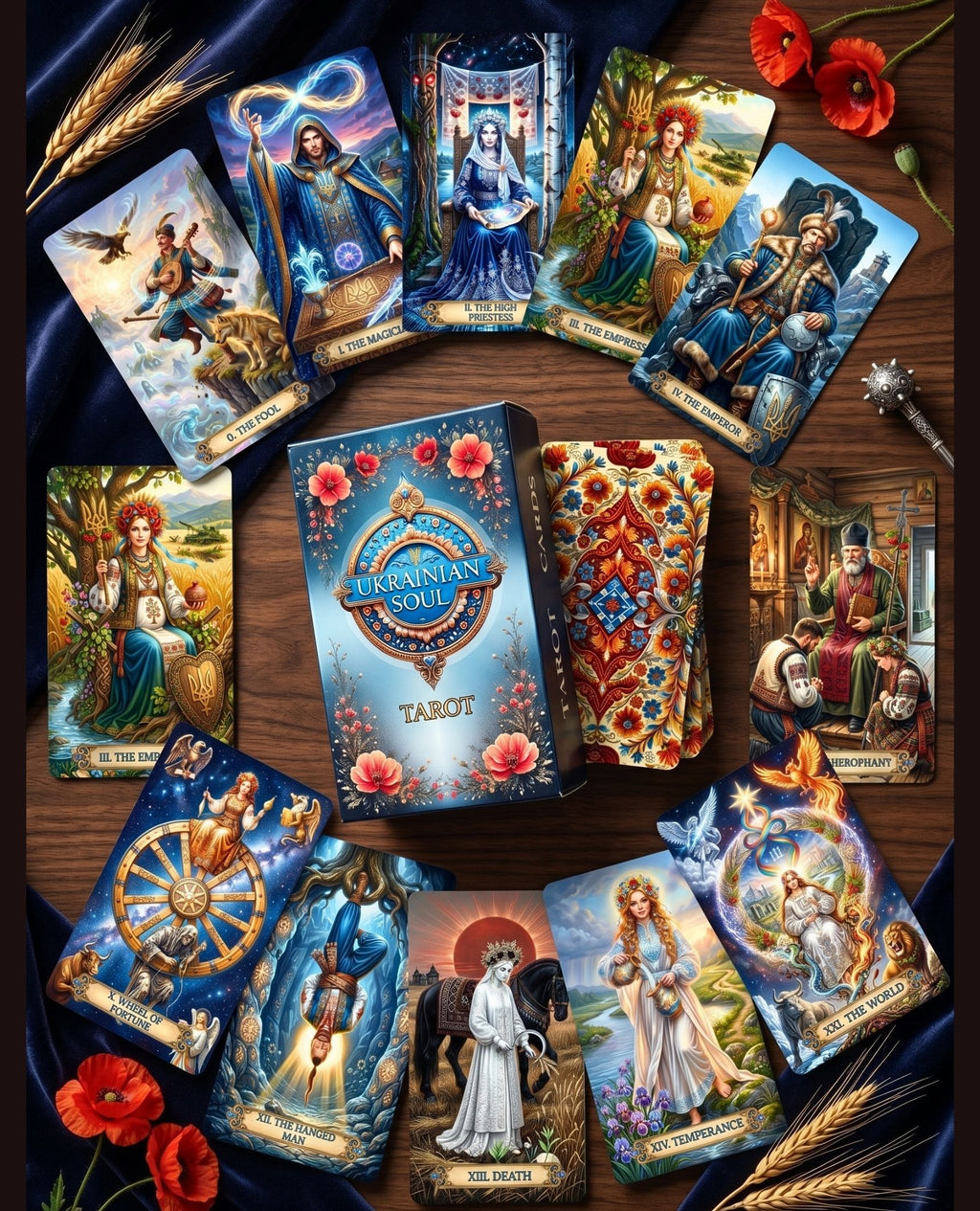 Ukrainian Soul Tarot Major Arcana cards fanned around deck box on blue velvet with red poppies and wheat — handmade Slavic folk art MardocCraft
