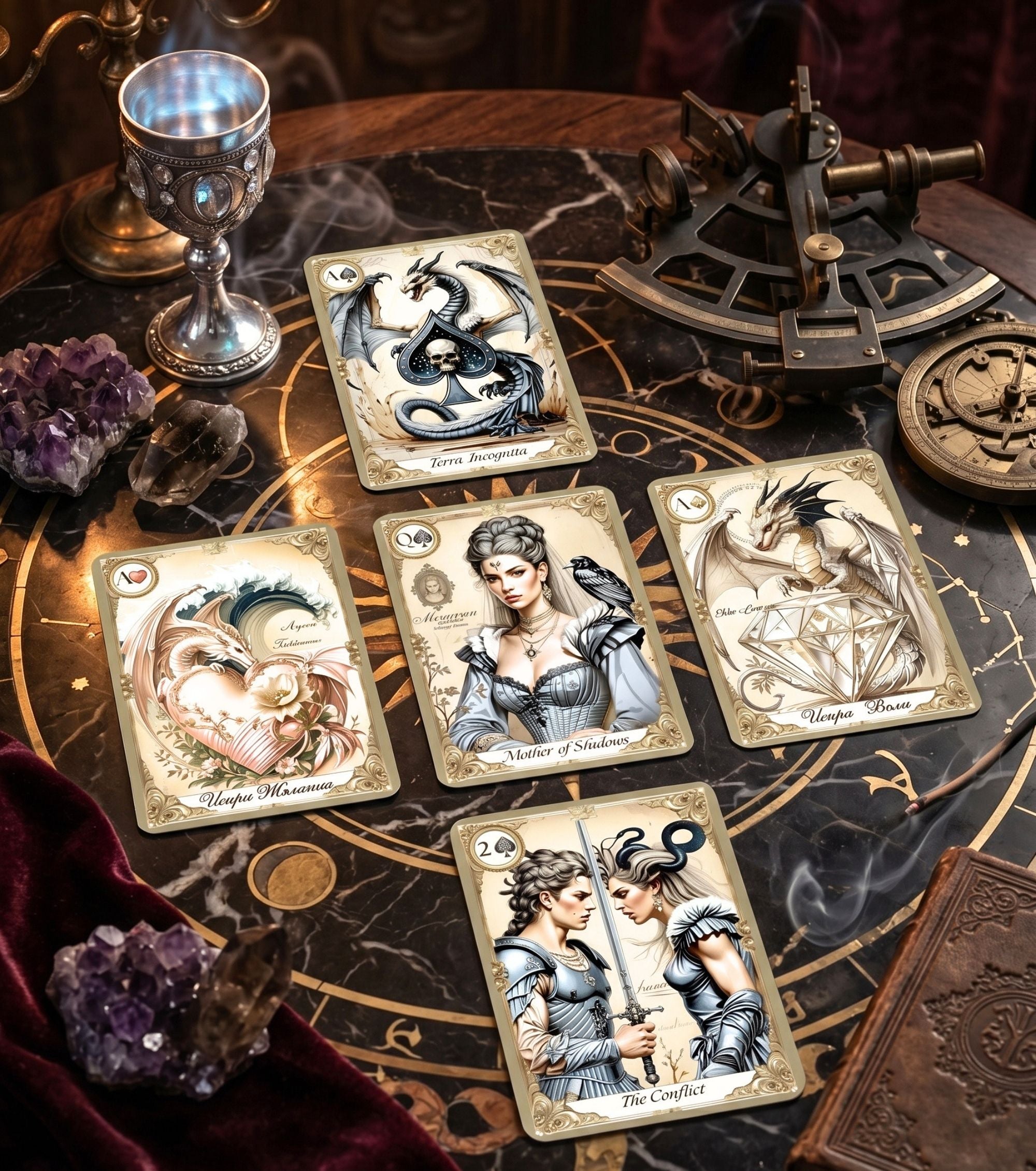 Oracle Palace of Secrets 5-card reading spread on marble astrology table — amethyst crystals, silver chalice and brass sextant, gothic cartomancy deck