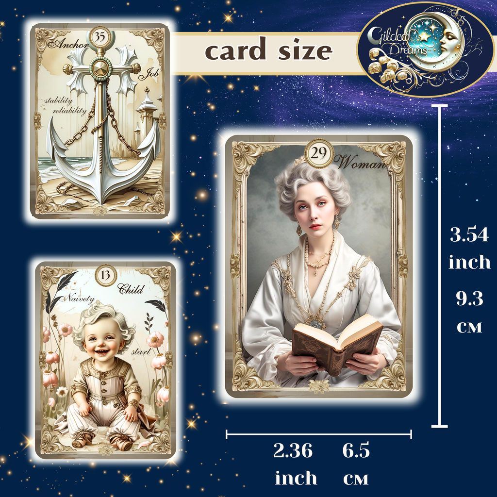 Gilded Dreams Lenormand card size infographic — bridge size 94×66mm (3.54×2.36 inch), handmade vintage oracle showing Woman, Anchor and Child cards, MardocCraft