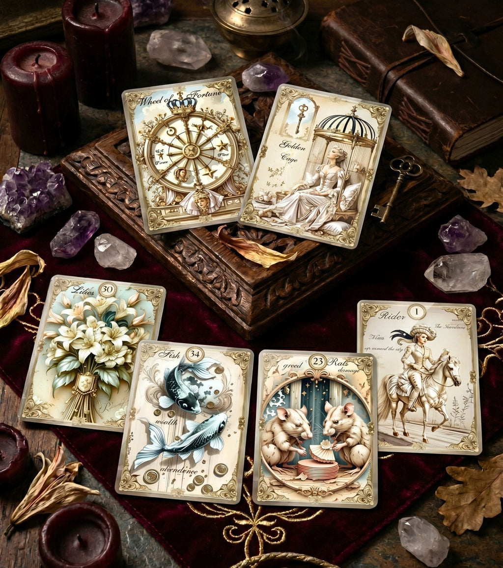 Gilded Dreams Lenormand bonus cards Wheel of Fortune and Golden Cage on dark altar setup — handmade vintage oracle with amethyst crystals, black candles and antique books, MardocCraft