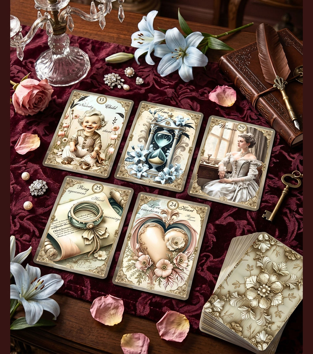 Gilded Dreams Lenormand five-card reading spread on burgundy velvet — vintage royal cartomancy with Child, Time, Woman, Ring and Heart cards, white lilies and pearl brooch, MardocCraft