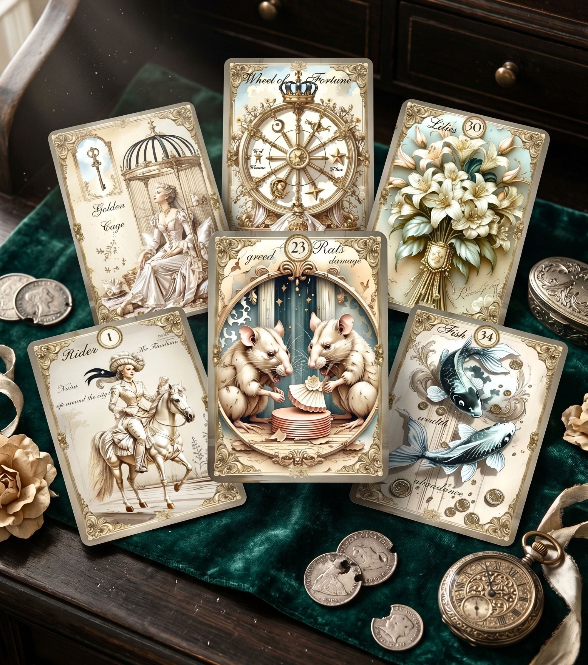 Gilded Dreams Lenormand extended card spread on dark green velvet — bonus cards Golden Cage and Wheel of Fortune with Rider, Rats and Fish, antique coins and pocket watch, MardocCraft