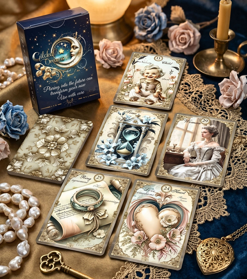 Gilded Dreams Lenormand deck box and cards on gold lace with roses — bonus Time card with Child, Woman, Ring and Heart, pearl beads and gold locket, handmade vintage oracle MardocCraft