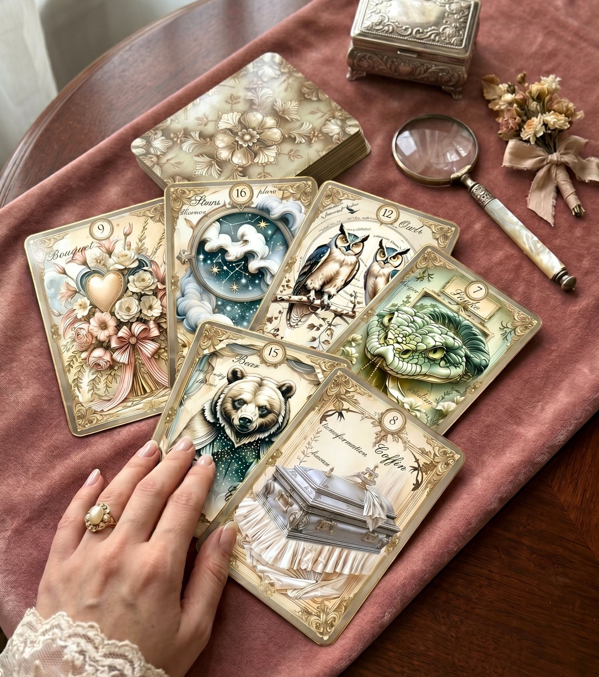 Hand in lace sleeve reading Gilded Dreams Lenormand cards on rose velvet — handmade vintage oracle with Bouquet, Owls, Bear and Snake cards, vintage magnifier and silver jewelry box, MardocCraft
