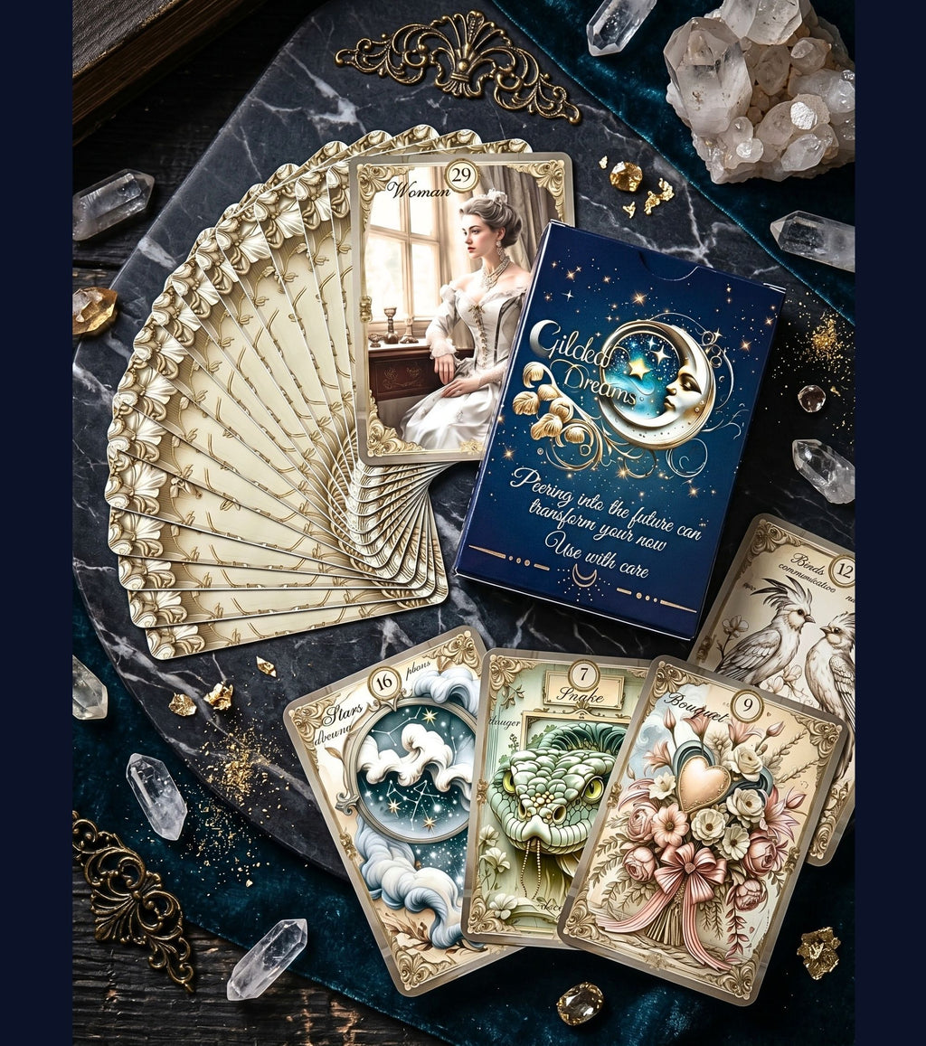 Gilded Dreams Lenormand deck box and card fan on dark marble — handmade vintage royal oracle with Snake, Stars and Bouquet cards, quartz crystals and gold ornaments, MardocCraft