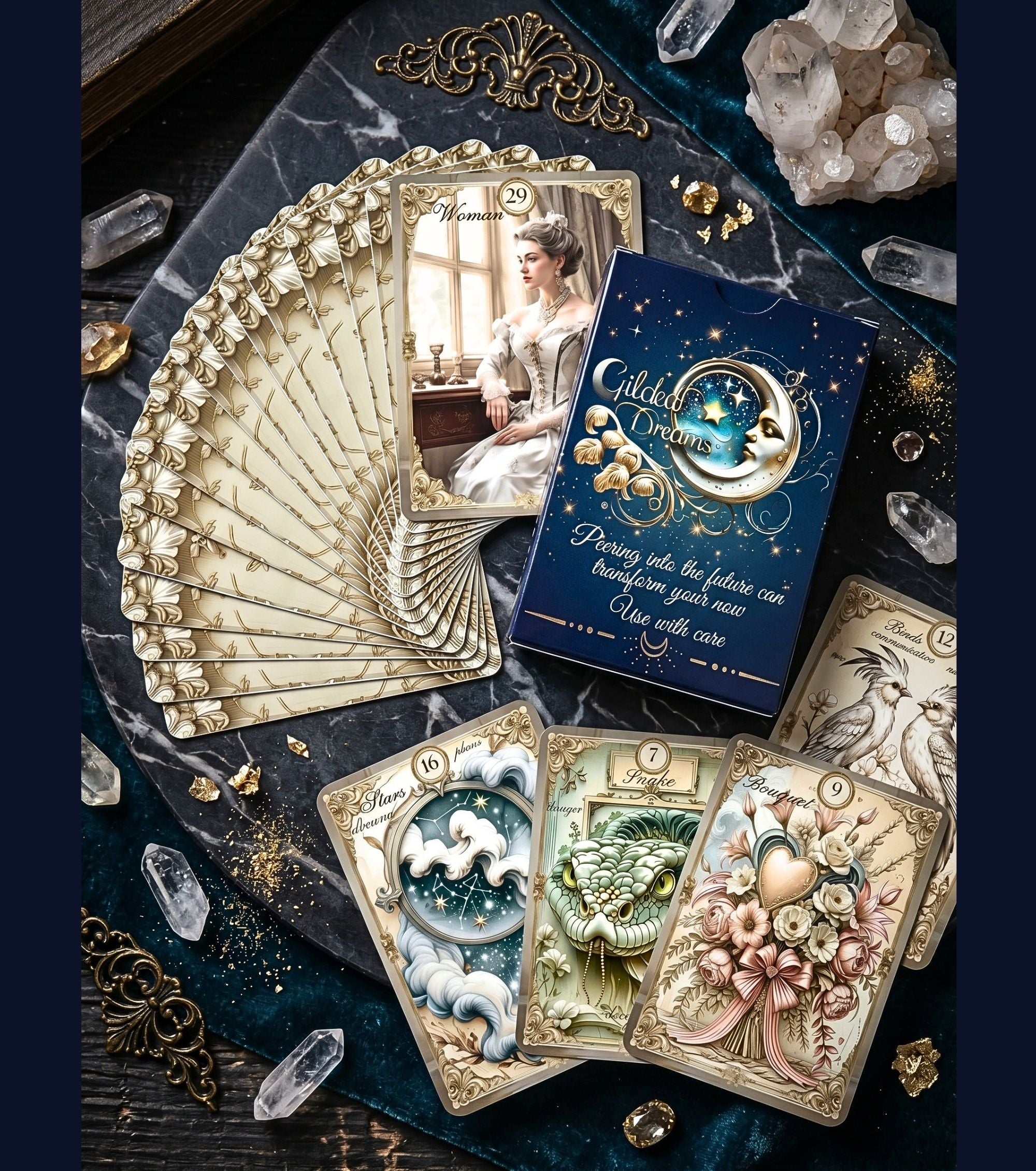 Gilded Dreams Lenormand deck box and card fan on dark marble — handmade vintage royal oracle with Snake, Stars and Bouquet cards, quartz crystals and gold ornaments, MardocCraft