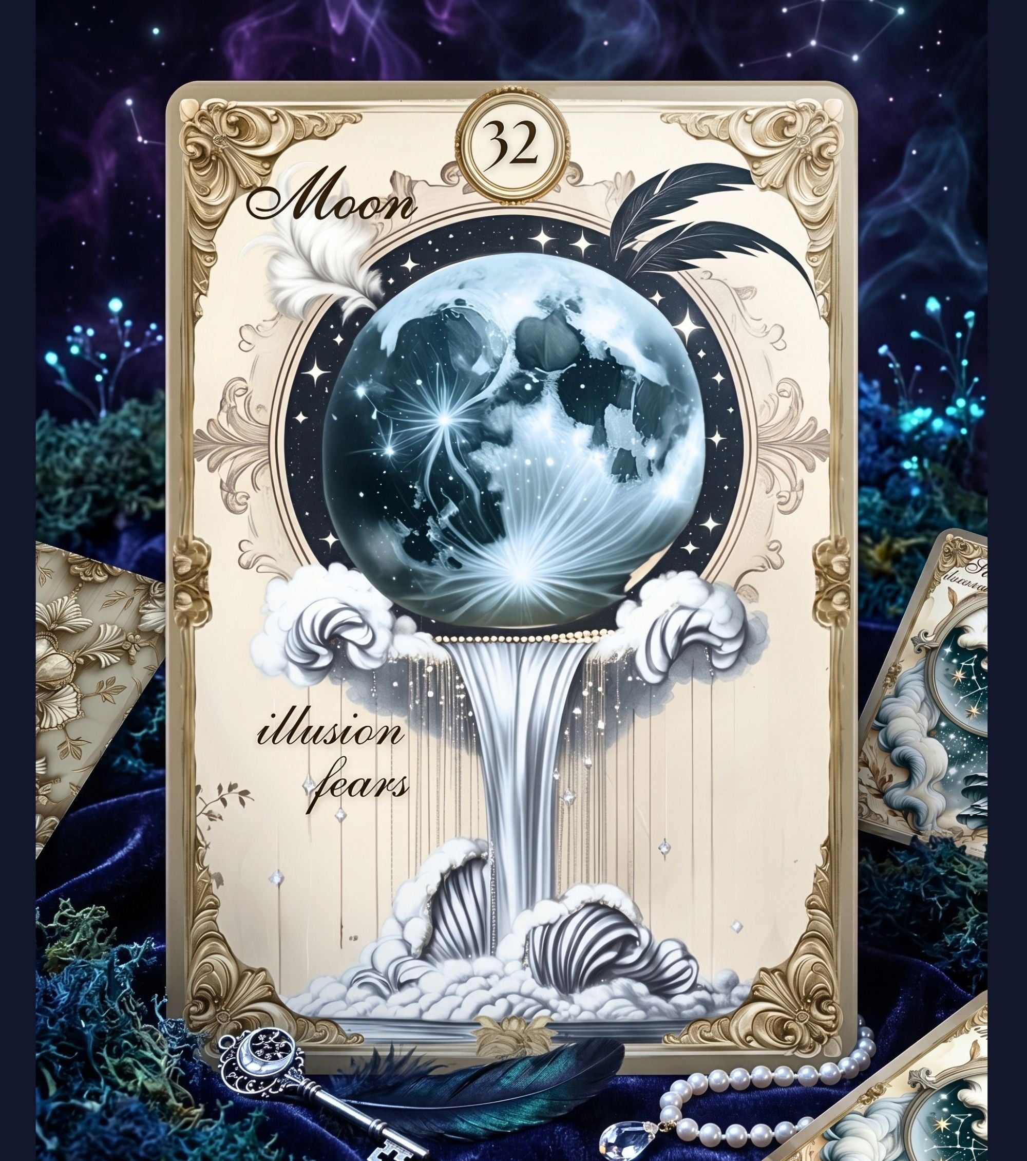 Gilded Dreams Lenormand Moon card on dark blue velvet with starry night background — handmade vintage cartomancy deck with blue feather, pearl beads and antique key, MardocCraft
