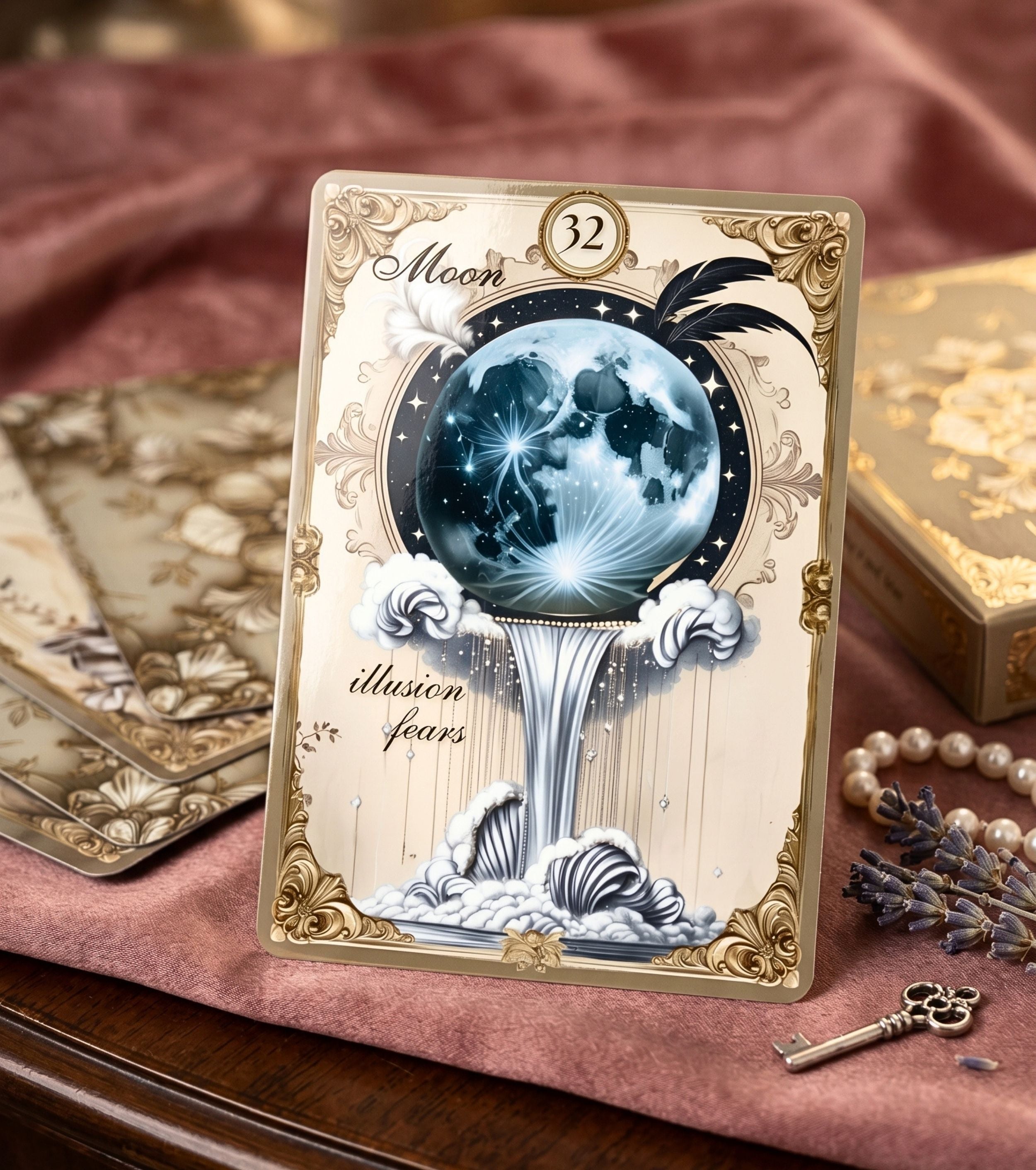 Gilded Dreams Lenormand Moon card standing on rose velvet — handmade vintage royal cartomancy deck with black feather, pearl beads, lavender and antique key, MardocCraft