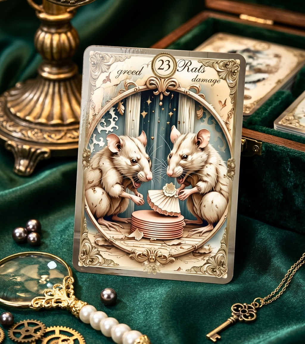 Gilded Dreams Lenormand Rats card on dark green velvet — handmade vintage oracle with gold key, pearl beads, steampunk gears and wooden card box, romantic royal illustration, MardocCraft