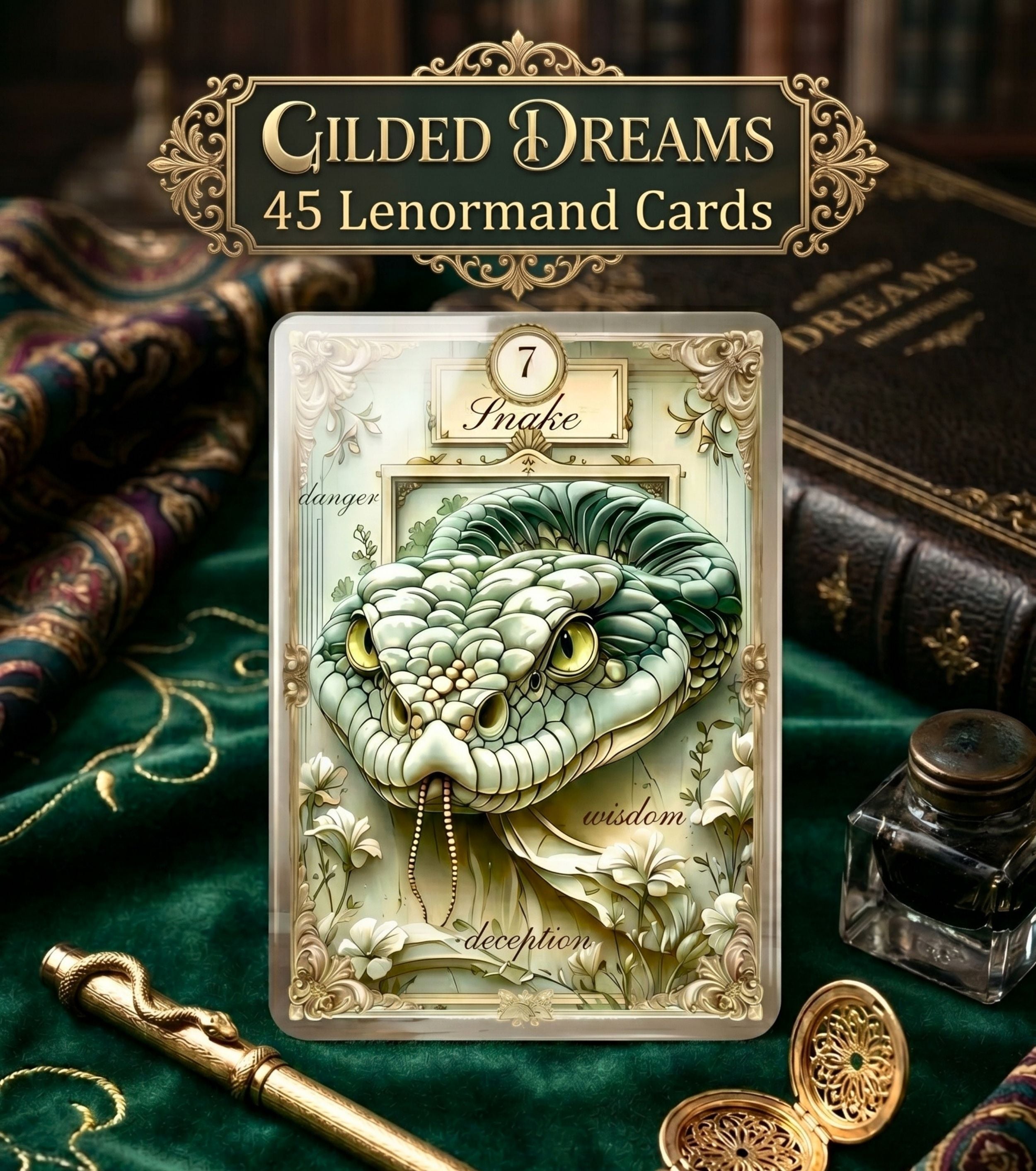 Gilded Dreams Lenormand Snake card closeup on dark green velvet — handmade vintage cartomancy deck with antique ink bottle and gold key, romantic royal illustration, MardocCraft
