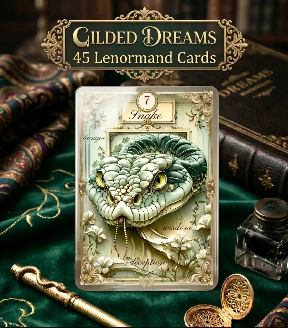 Gilded Dreams Lenormand Snake card closeup on dark green velvet — handmade vintage cartomancy deck with antique ink bottle and gold key, romantic royal illustration, MardocCraft