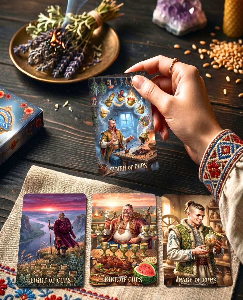 Hand in embroidered sleeve holding Ukrainian Soul Tarot Seven of Cups with Eight, Nine, Page of Cups and burning lavender — MardocCraft