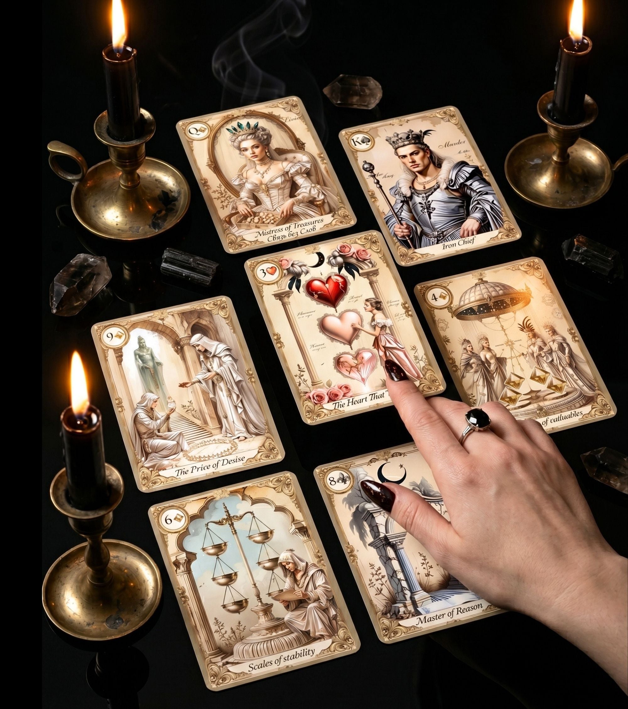 Hand with black ring pointing at The Heart That card — 6 fortune telling playing cards reading by smoking black candles, gothic cartomancy atmosphere