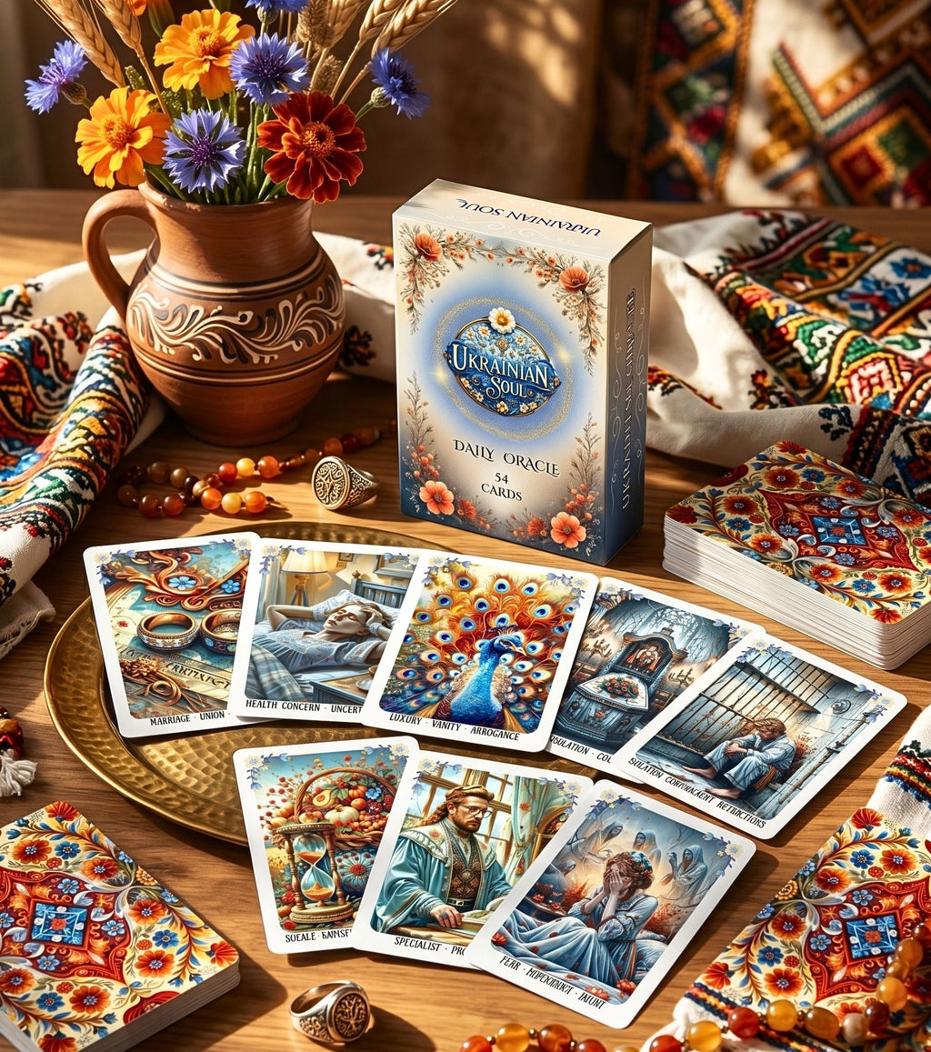 Full deck spread on golden tray Ukrainian Soul Oracle box — Ukrainian ceramic folk interior handcrafted MardocCraft