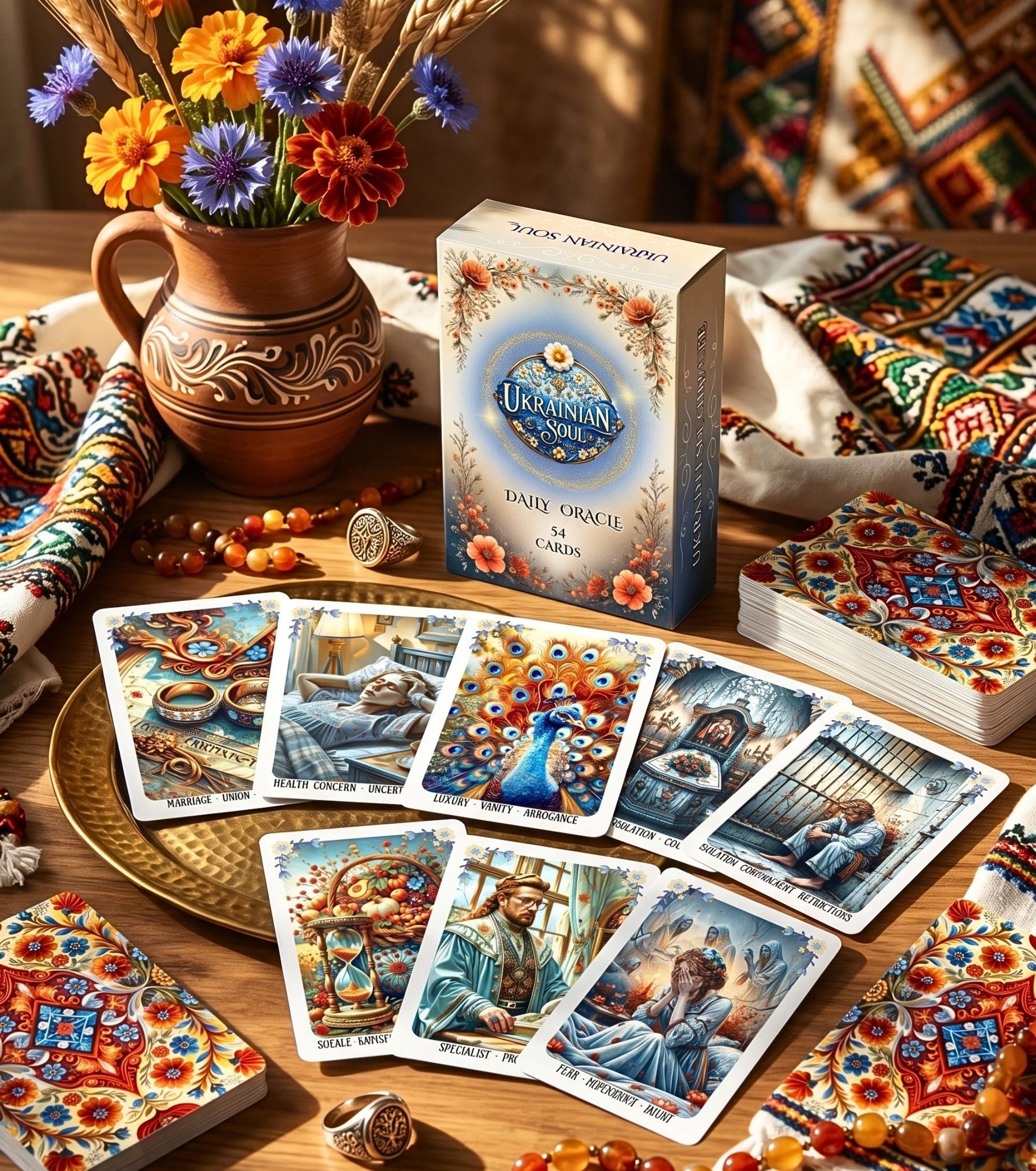 Full deck spread on golden tray Ukrainian Soul Oracle box — Ukrainian ceramic folk interior handcrafted MardocCraft