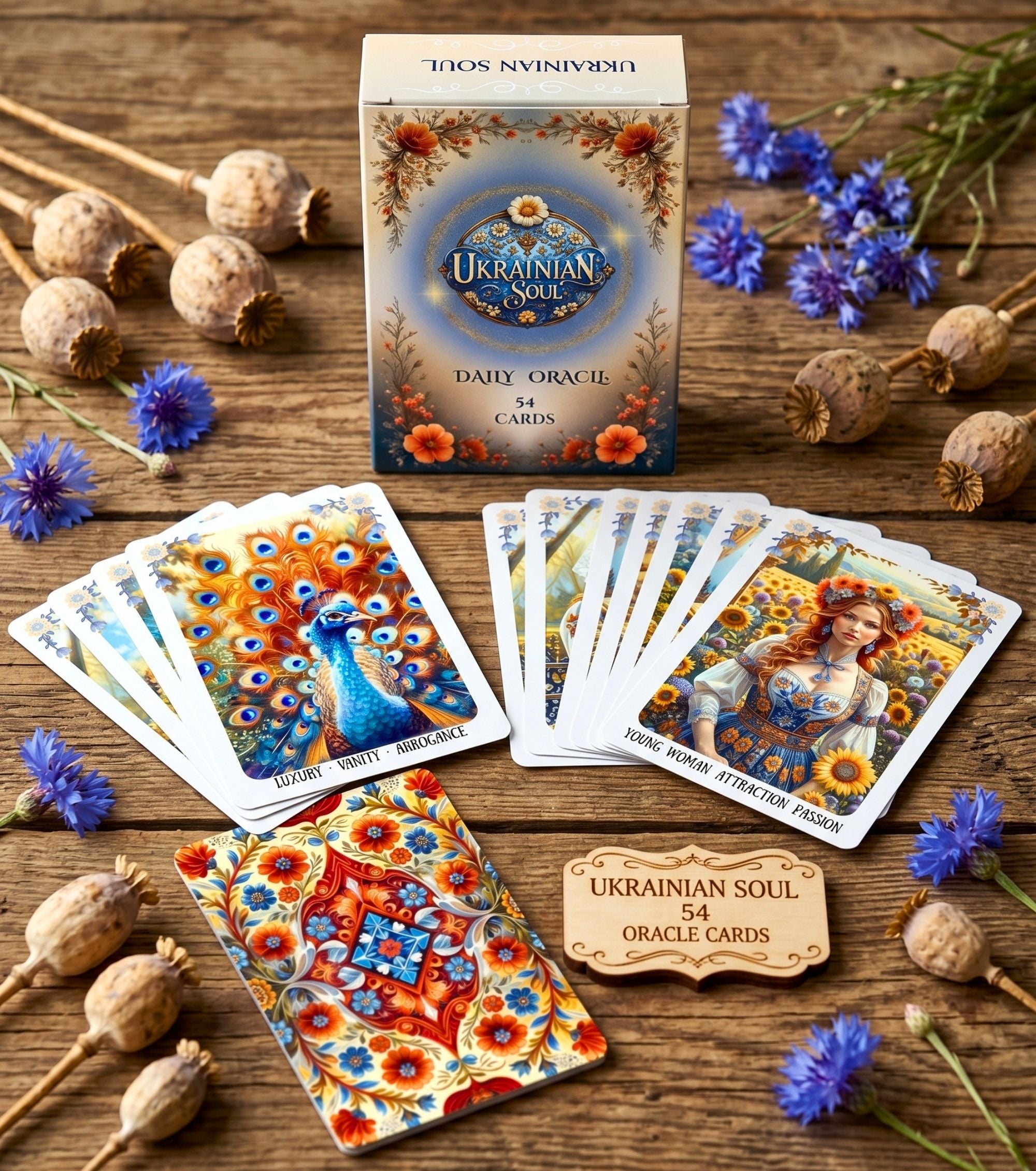 Box with cards flat lay Ukrainian Soul Oracle 54 cards — handmade daily oracle deck Slavic art MardocCraft