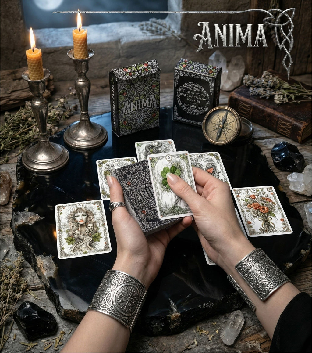 Hands in silver runic cuffs holding ANIMA Lenormand cards — Clover, Bouquet on black stone altar, beeswax candles and obsidian, pagan oracle MardocCraft