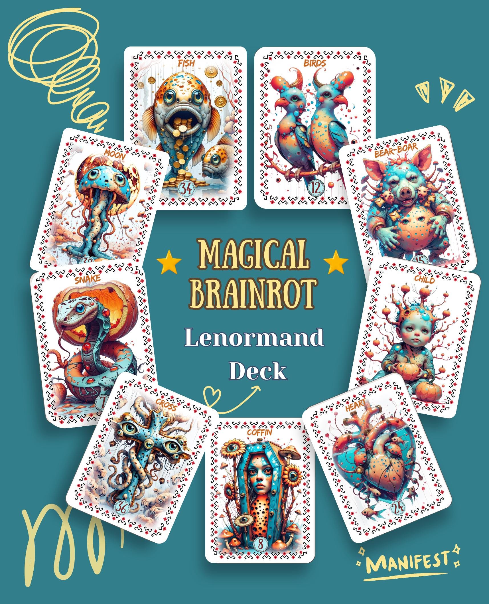 Magical Brainrot Lenormand – 36 Cards | Quirky Art Oracle | Handmade