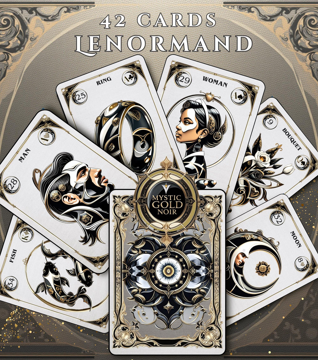 Mystic Gold Noir Lenormand deck 42 cards handmade oracle divination set personalized pouch