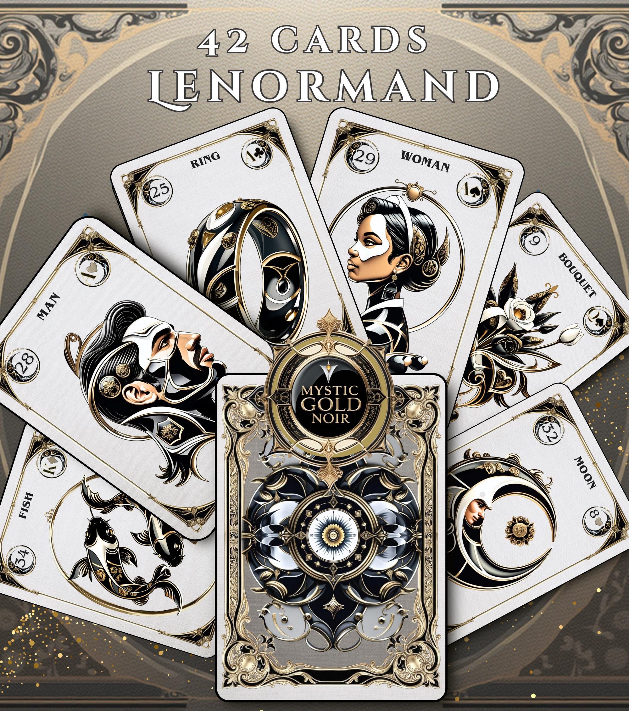 Mystic Gold Noir Lenormand deck 42 cards handmade oracle divination set personalized pouch