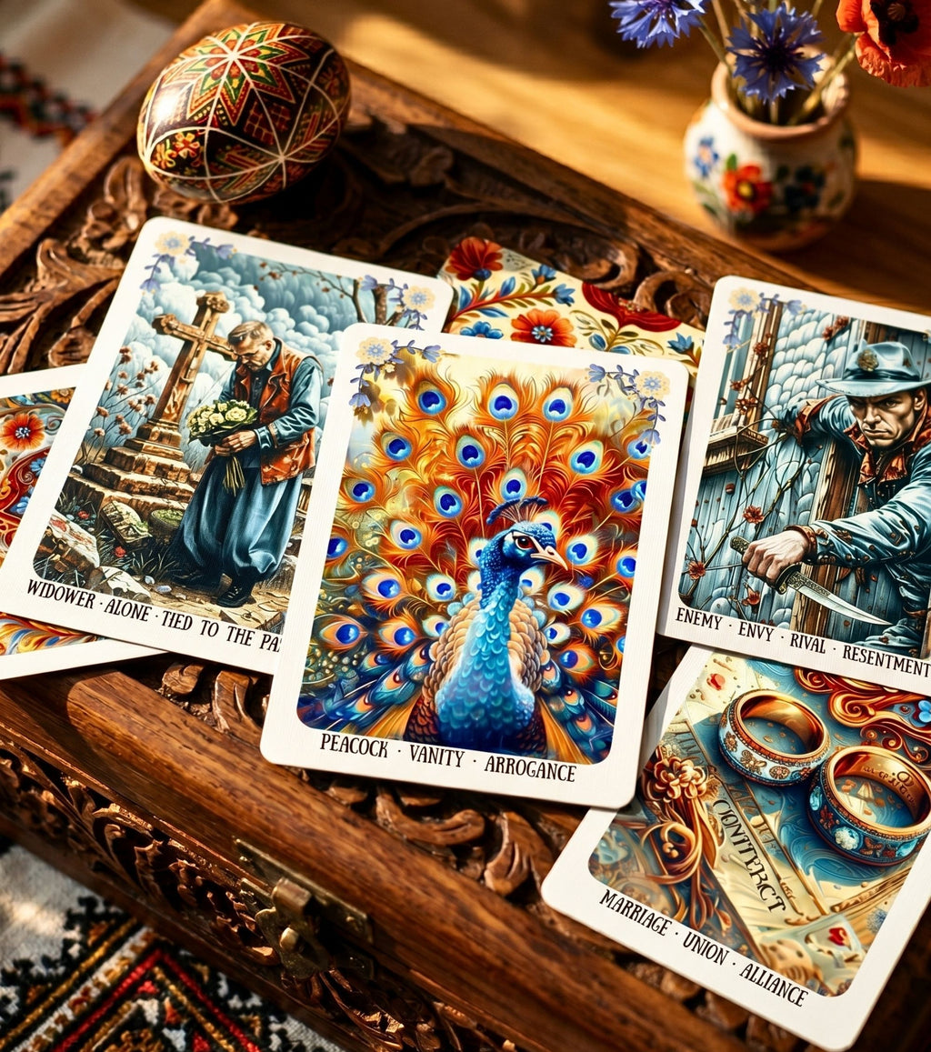 Cards on carved wooden chest Ukrainian Soul Oracle — Slavic folk art illustrations pysanka decor MardocCraft