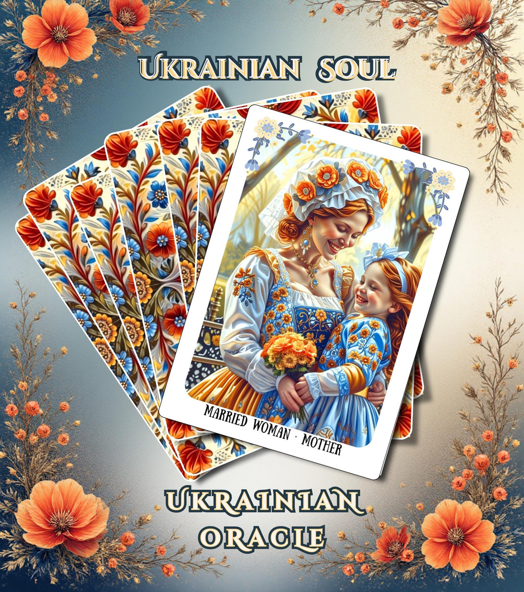 Ukrainian Soul Oracle deck fan spread — Slavic folk art illustrated cards MardocCraft
