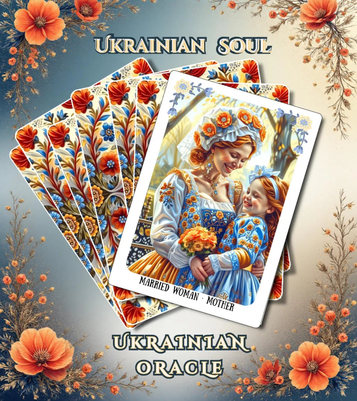 Ukrainian Soul Oracle deck fan spread — Slavic folk art illustrated cards MardocCraft