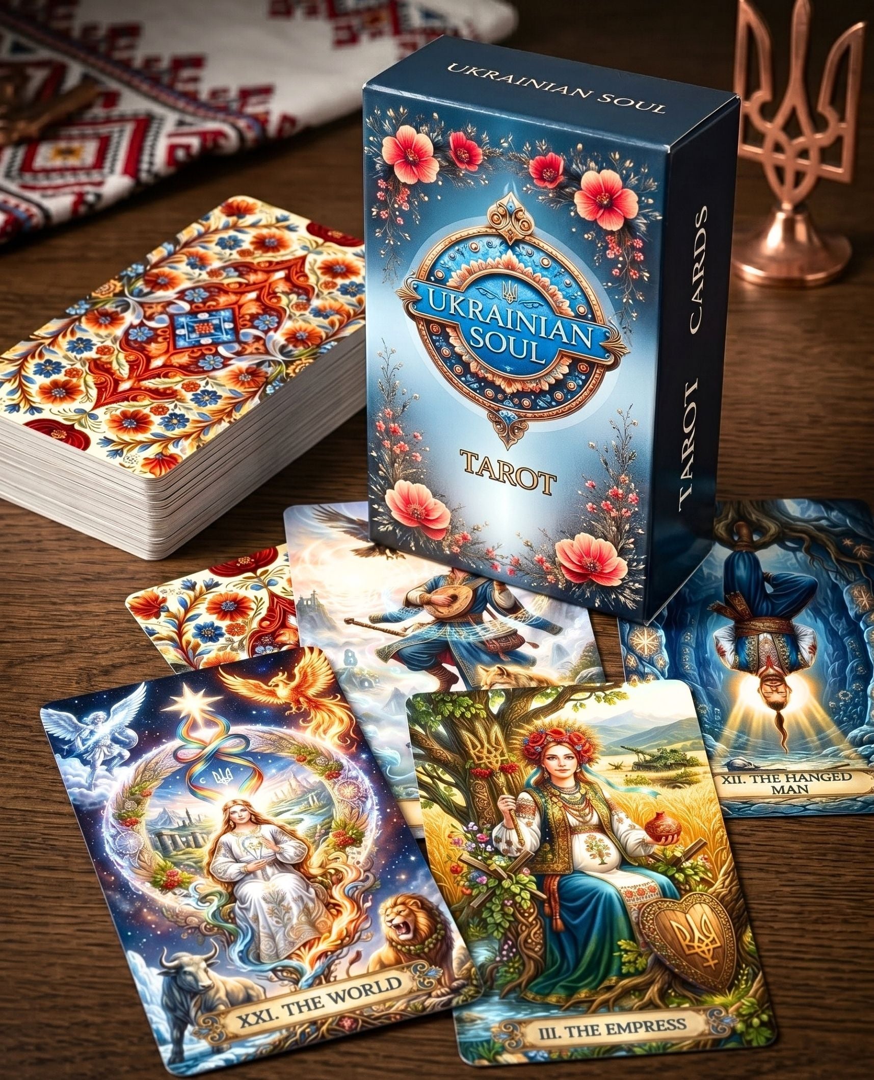 Ukrainian Soul Tarot box with deck, The World, Empress and Hanged Man cards on wooden table with copper tryzub and embroidery — MardocCraft