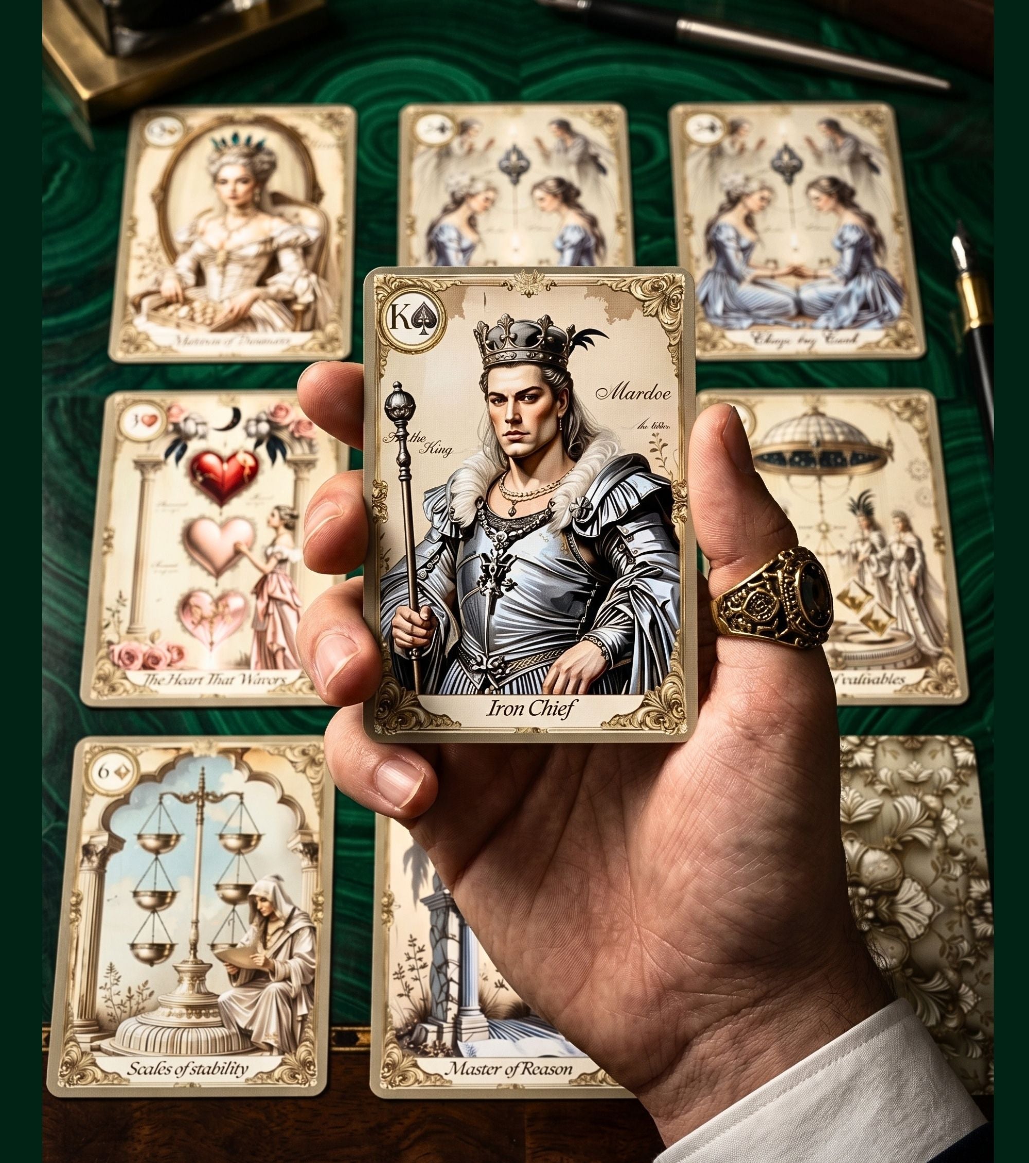King of Spades Iron Chief fortune telling card held in hand with gold ring — 6 playing cards spread on malachite green background, oracle deck closeup