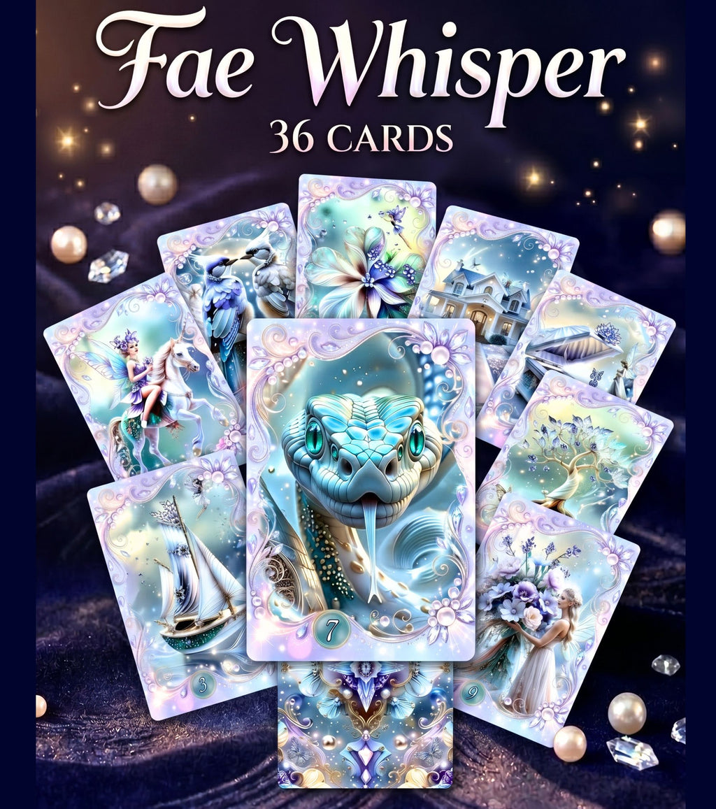 Cards fanned in arc showing Fae Whisper Lenormand illustrations — snake card in center, fairy and botanical symbols, indie divination deck