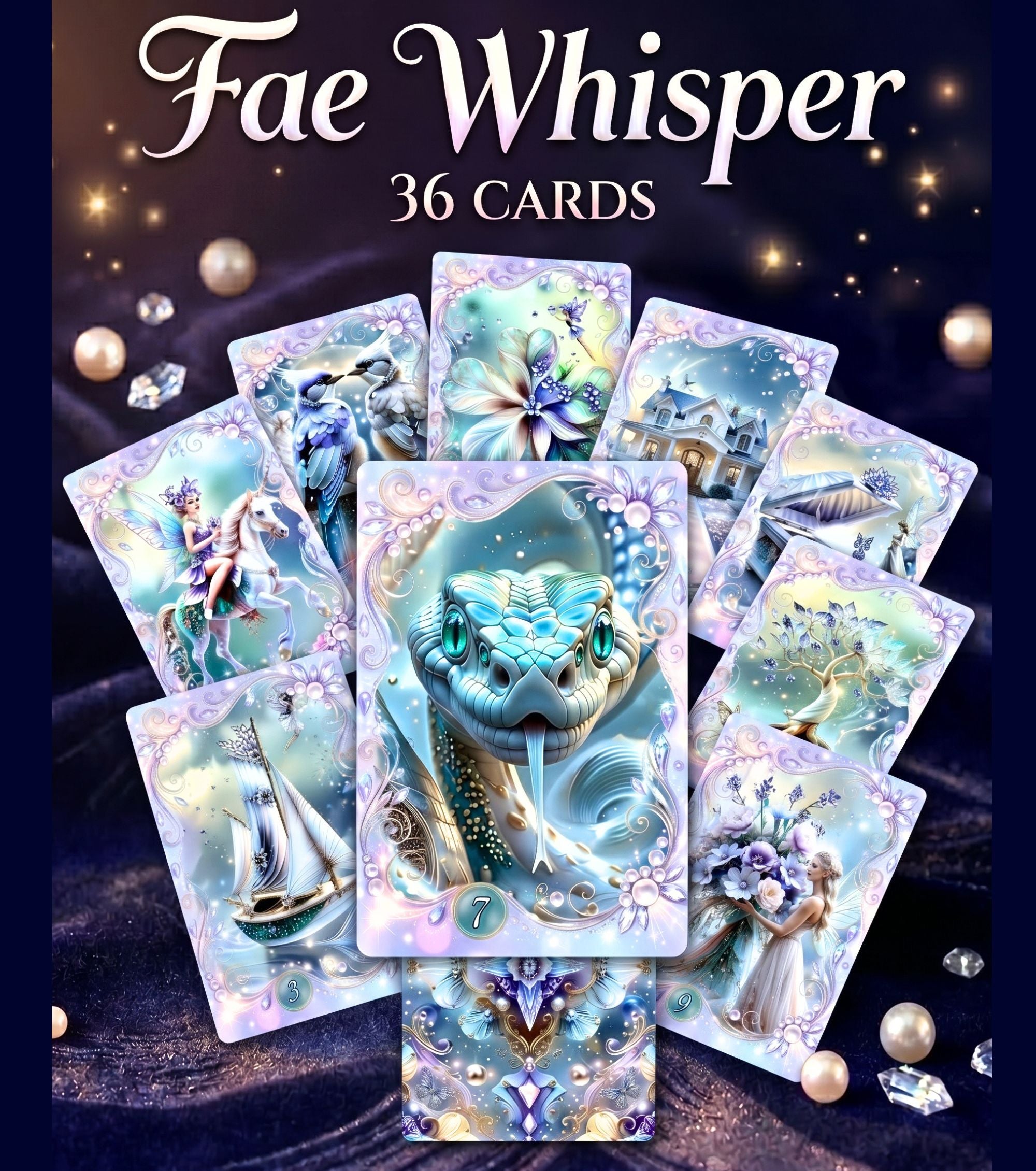 Cards fanned in arc showing Fae Whisper Lenormand illustrations — snake card in center, fairy and botanical symbols, indie divination deck