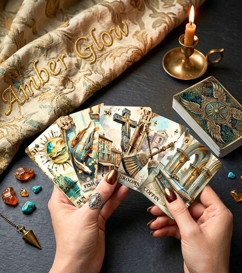 Hands holding Amber Glow Lenormand cards — Sun, Fish, Brooms, Coffin spread, brass candle and pendulum, handmade 36-card oracle MardocCraft