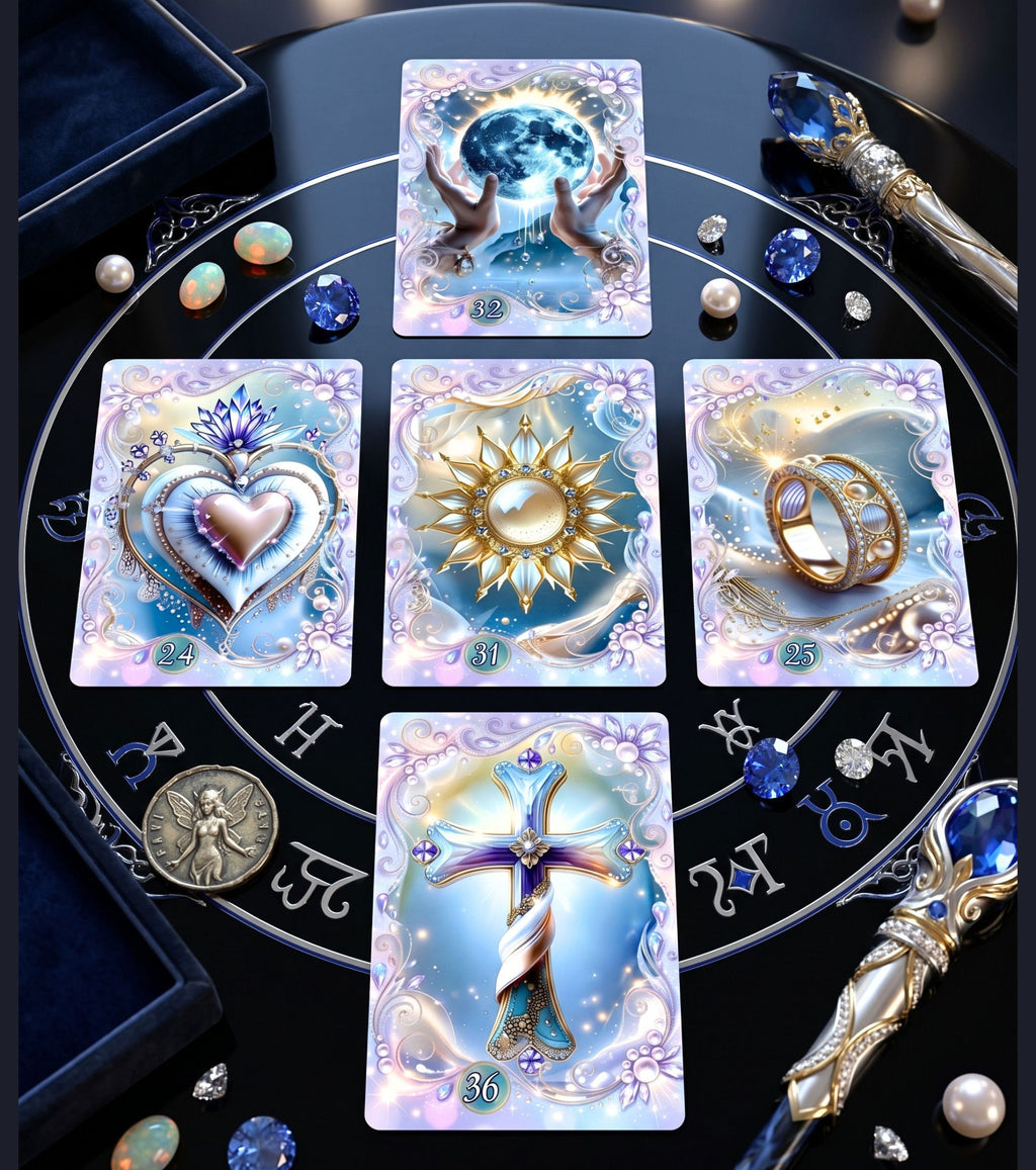 Five Fae Whisper Lenormand cards arranged on astrological wheel with gemstones and wand — Moon Heart Sun Ring Cross cartomancy spread