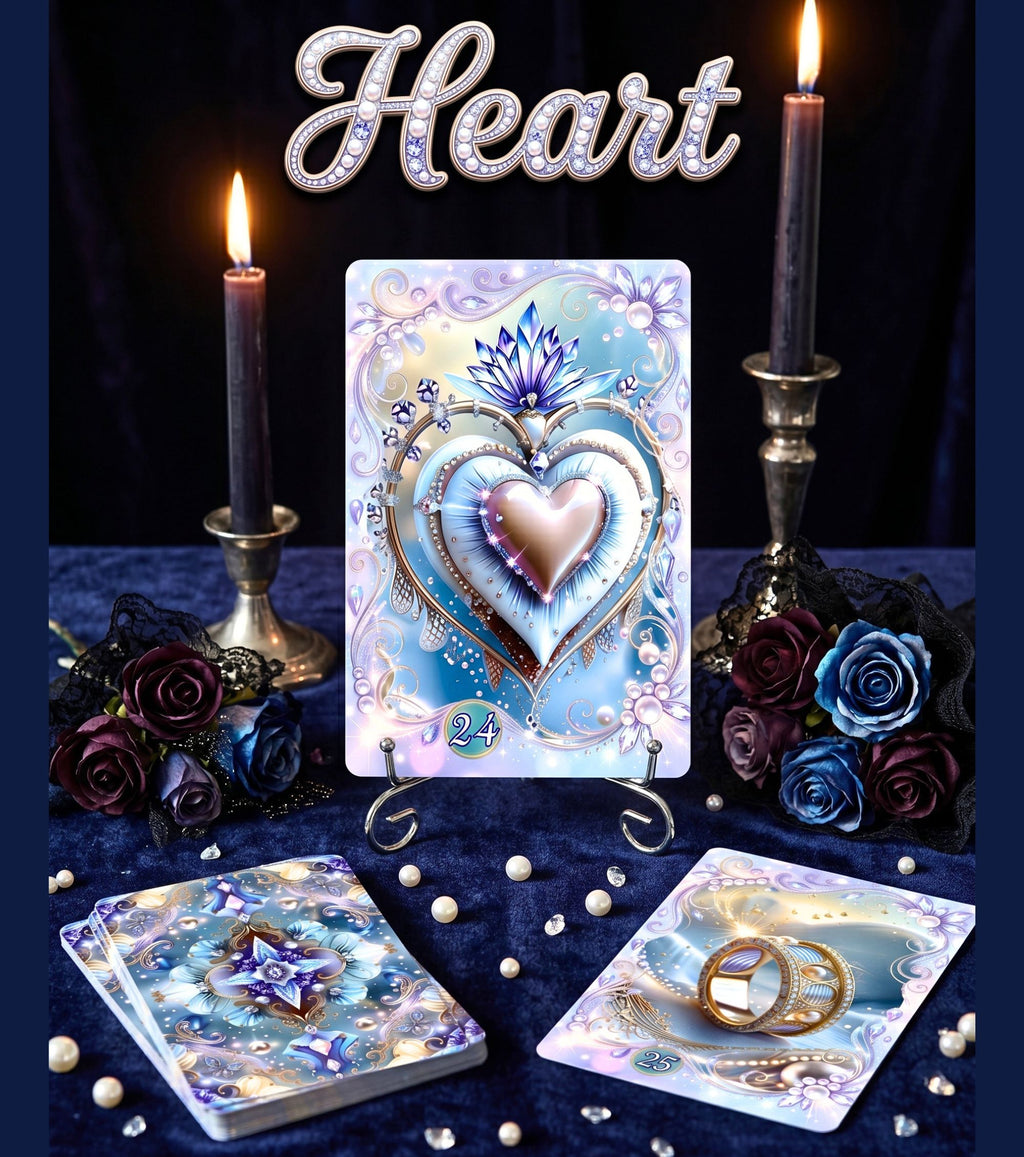 Heart card number 24 on stand with dark roses and candles — Fae Whisper Lenormand love oracle reading setup on blue velvet