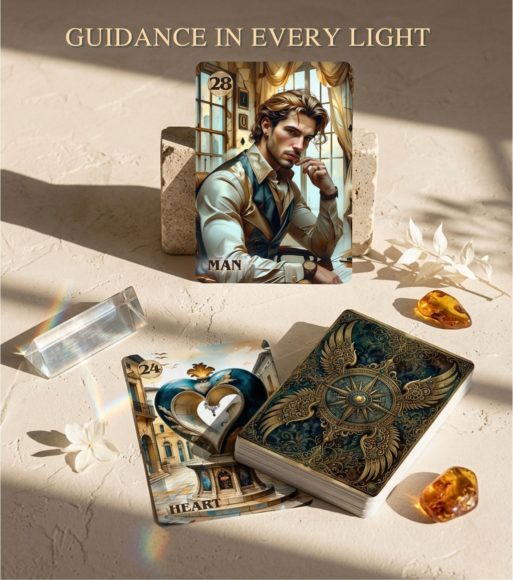 Man and Heart cards from Amber Glow Lenormand on stone surface — amber crystals, minimalist love reading layout, handmade oracle MardocCraft