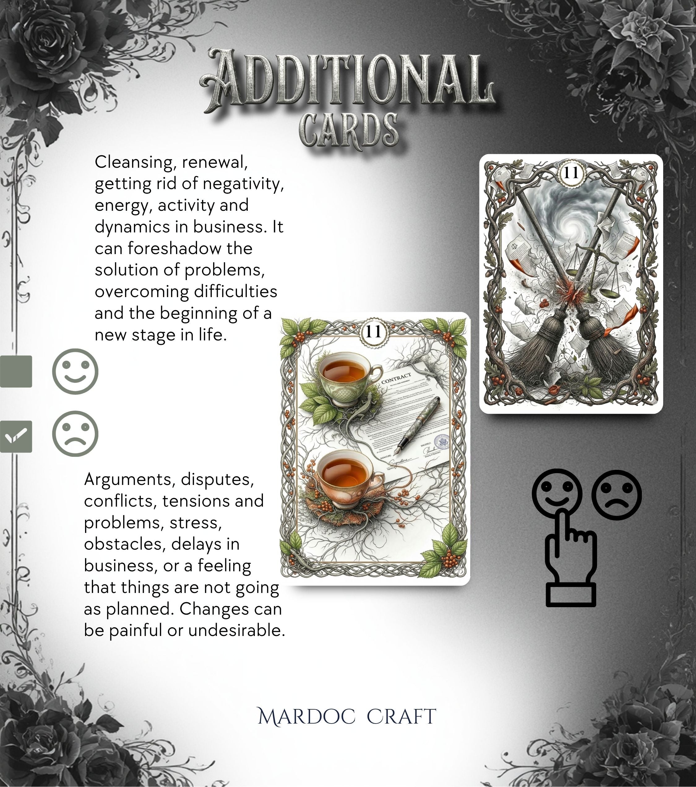 Brooms card 11 from ANIMA Lenormand showing upright and reversed meanings — botanical pagan cartomancy guide, handmade oracle MardocCraft