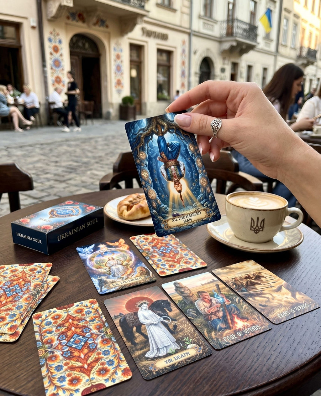 Hand holding Ukrainian Soul Tarot Hanged Man card at street cafe with tryzub coffee cup, cards and deck box on table — MardocCraft