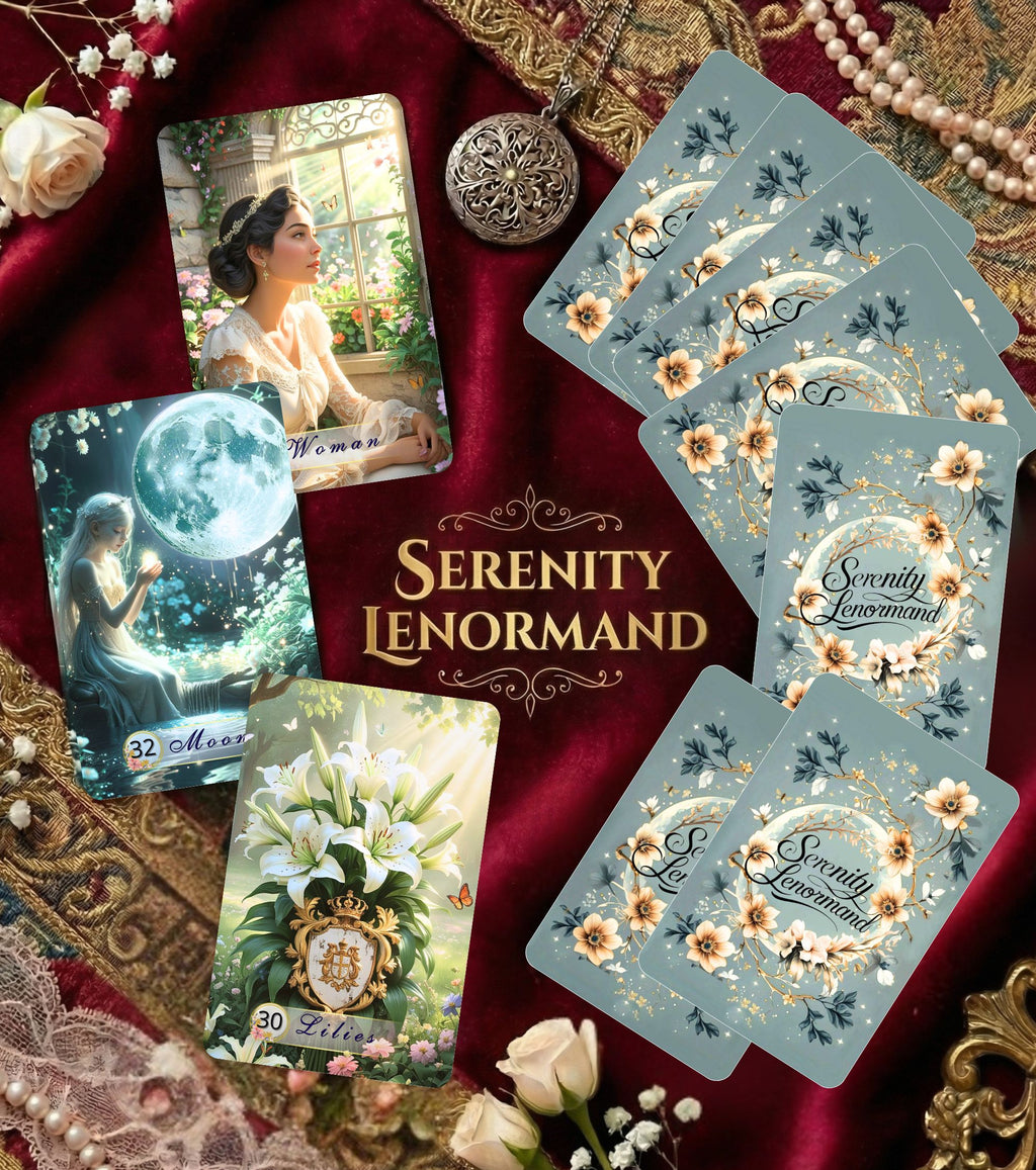 Serenity Lenormand deck – 36-card handmade oracle with floral art: Woman card, Moon card, Lilies card on burgundy velvet with pearls and roses