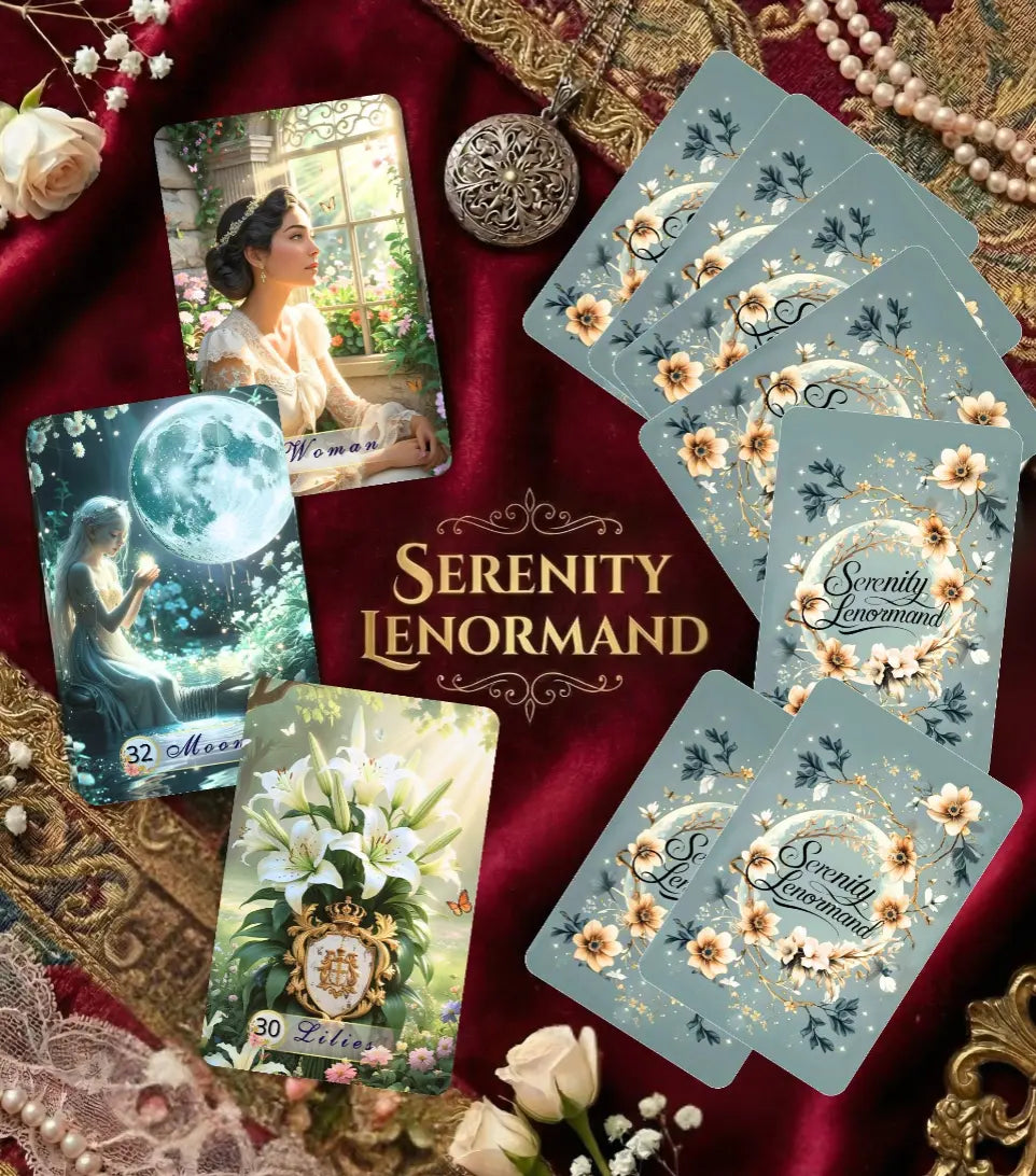 Serenity Lenormand deck – 36-card handmade oracle with floral art: Woman card, Moon card, Lilies card on burgundy velvet with pearls and roses