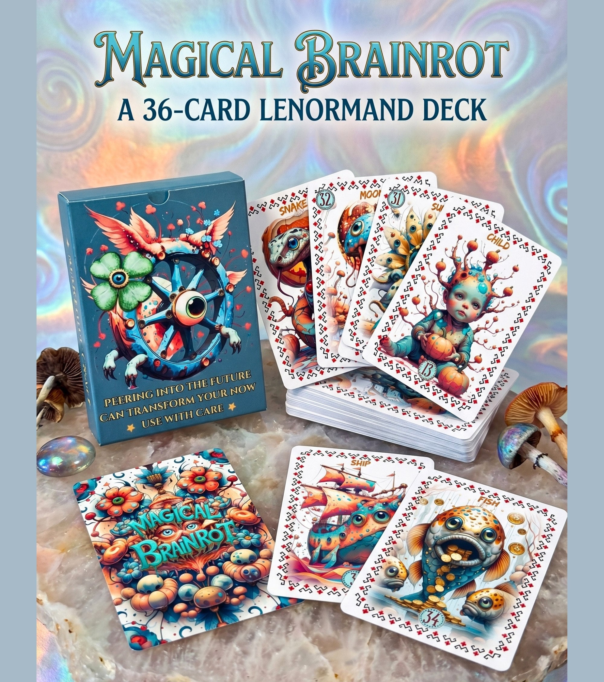 Deck box with card fan showing Snake Moon Child cards — Magical Brainrot 36-card Lenormand quirky monster oracle, Ship and Fish cards close-up