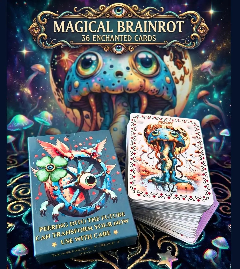 Deck box and card stack of Magical Brainrot Lenormand — 36 enchanted cards psychedelic surreal oracle handmade MardocCraft