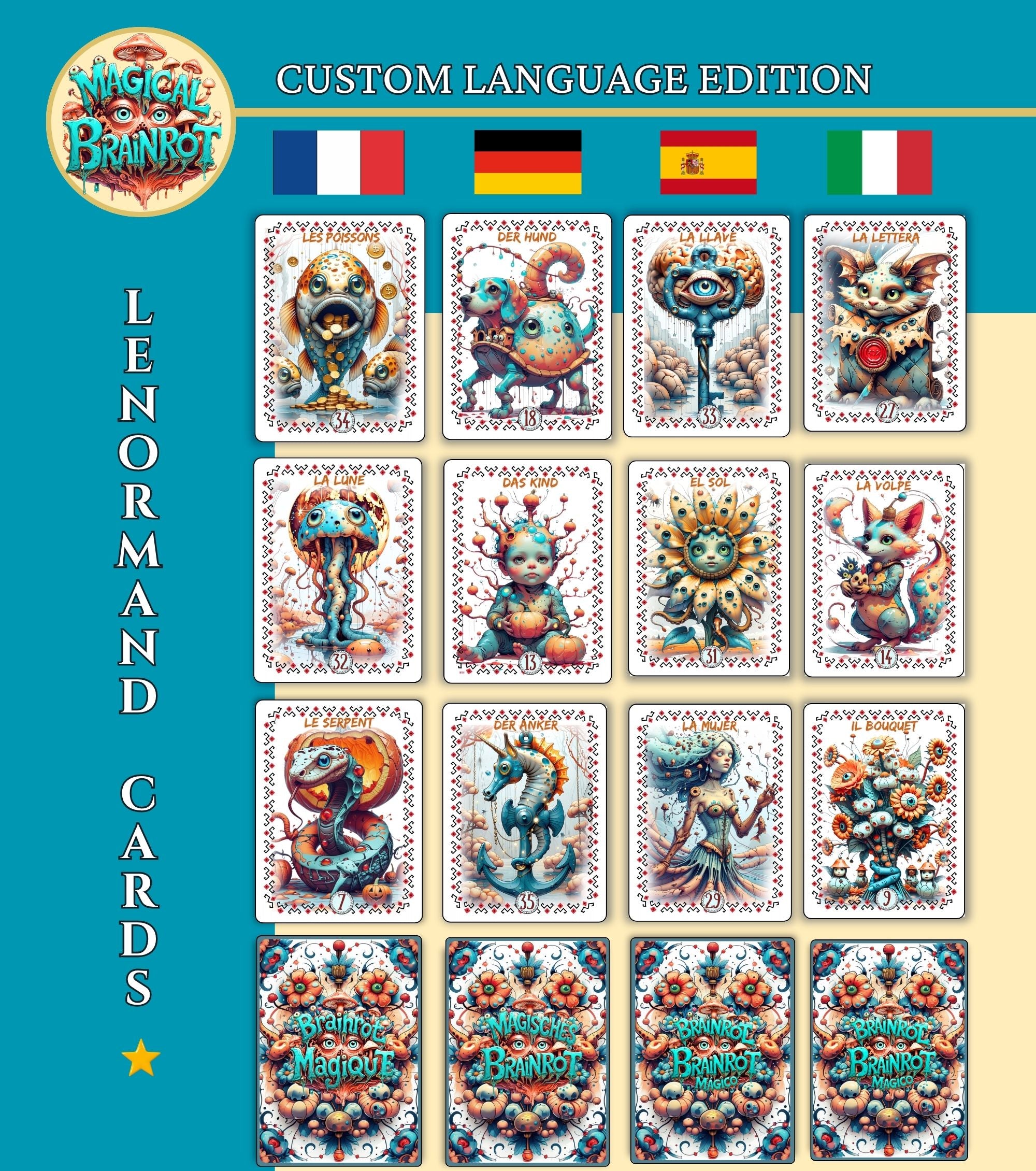 Custom language edition chart — Magical Brainrot Lenormand cards in French German Spanish Italian with monster illustrations psychedelic oracle