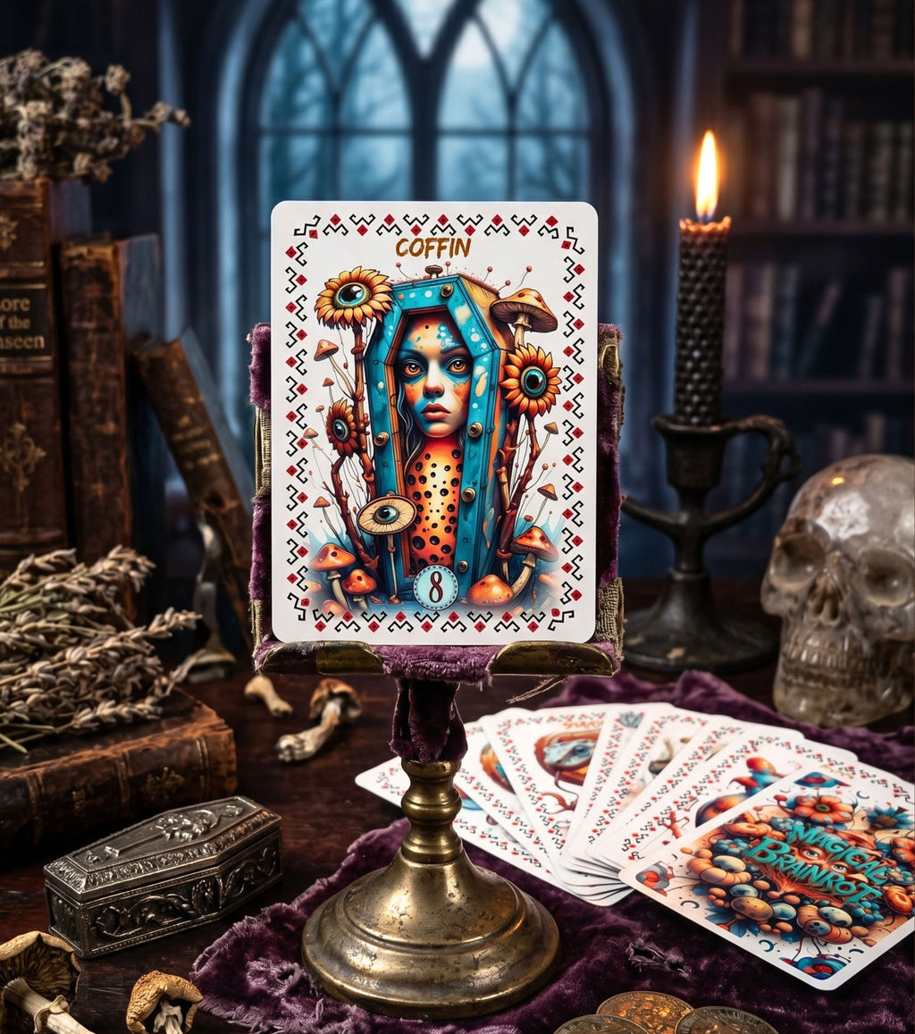 Coffin card on brass candlestick holder — Magical Brainrot Lenormand dark academia witchy altar with skull candle and oracle cards spread