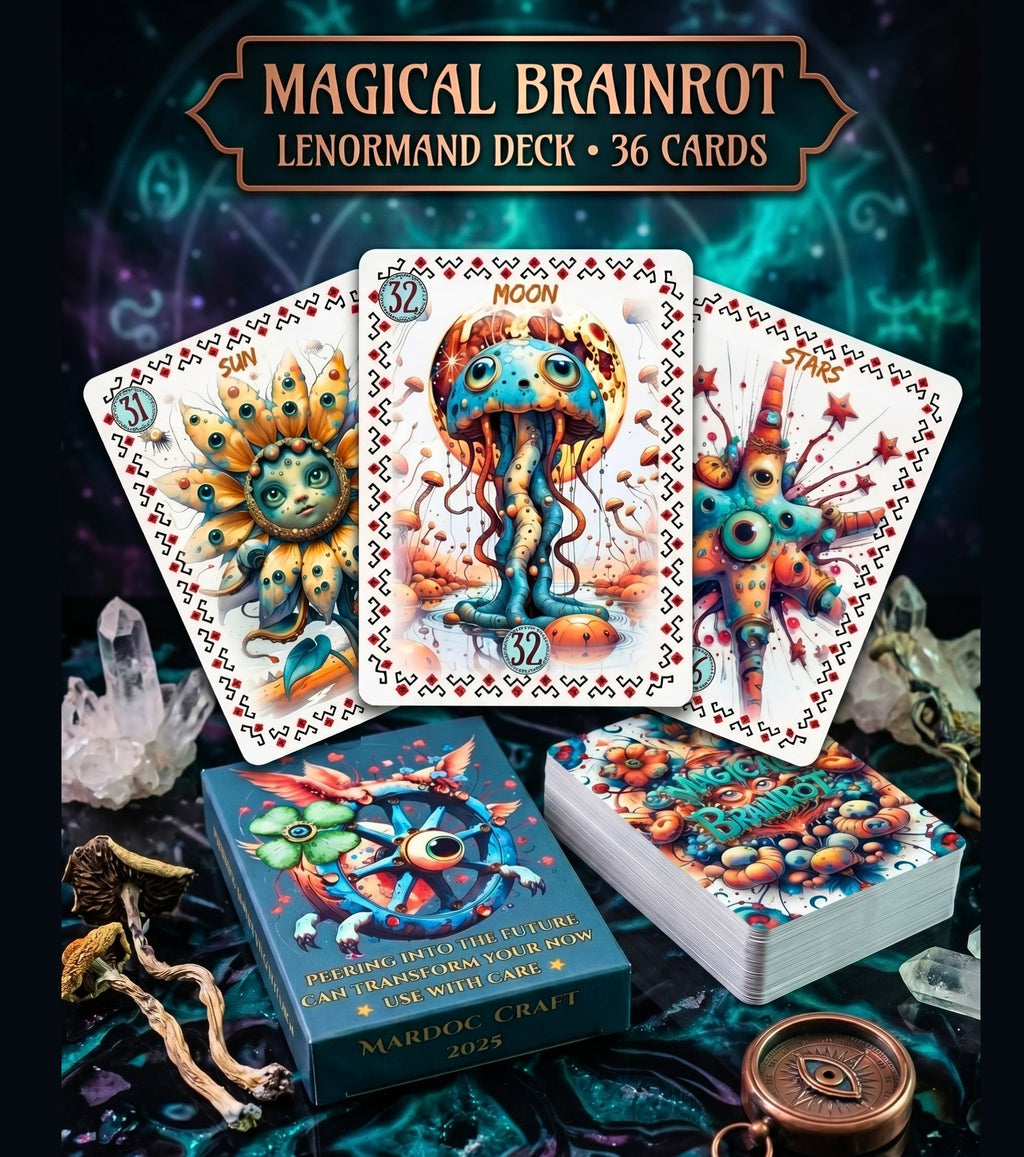 Sun Moon Stars cards close-up — Magical Brainrot Lenormand 36-card psychedelic monster oracle deck with box and crystals witchy divination
