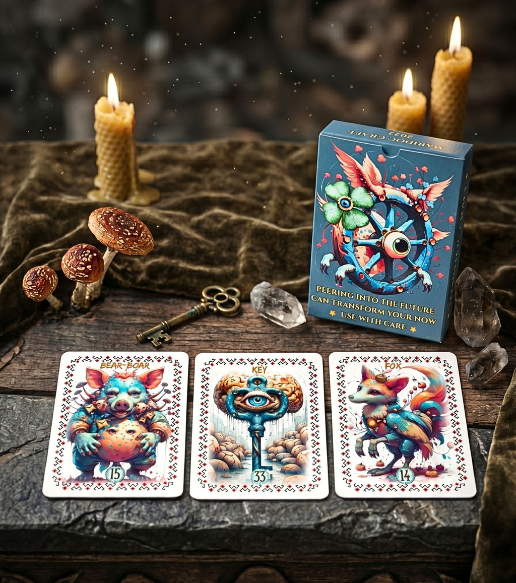 Three-card reading Bear-Boar Key Fox on rustic wood — Magical Brainrot Lenormand deck box with beeswax candles mushrooms and quartz crystal