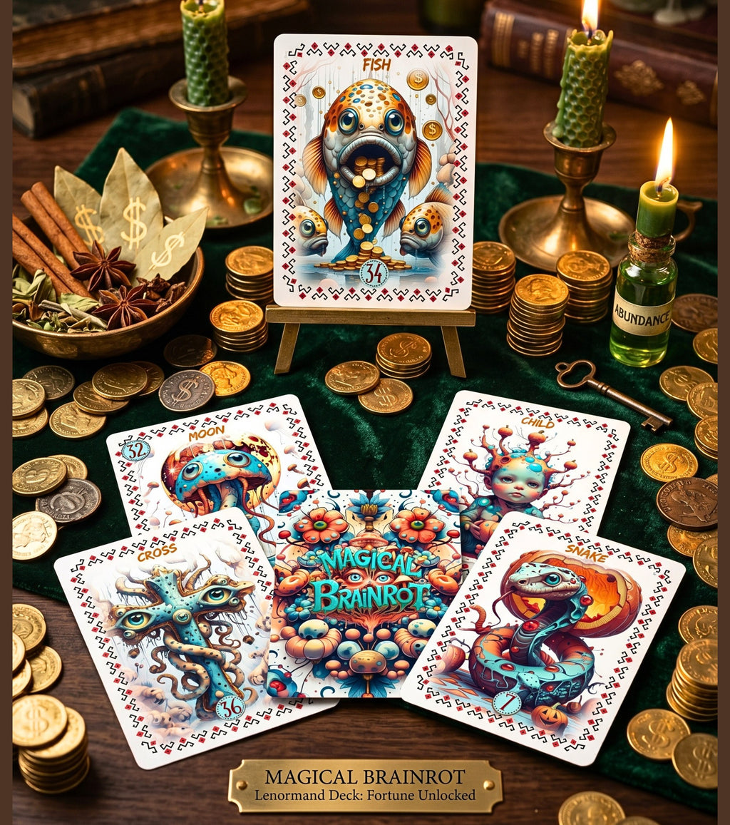 Fish card on gold coin abundance altar — Magical Brainrot Lenormand fortune spread Moon Cross Child Snake cards witchy prosperity oracle